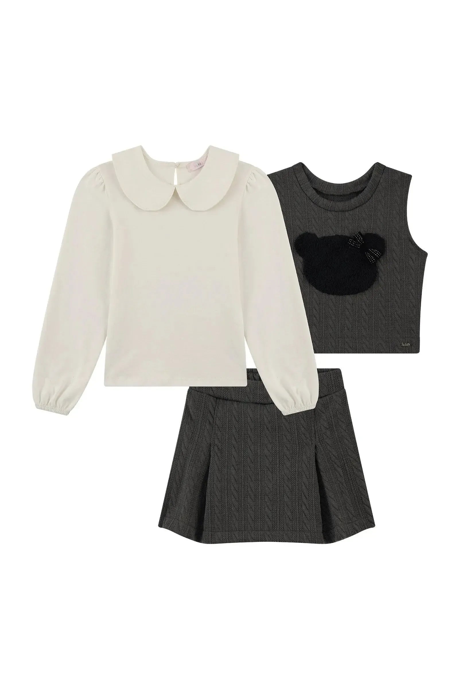 Trio de Blusa em Cotton Short Saia e Colete em Malha Tricot 92480 Kukiê Infantil Menina