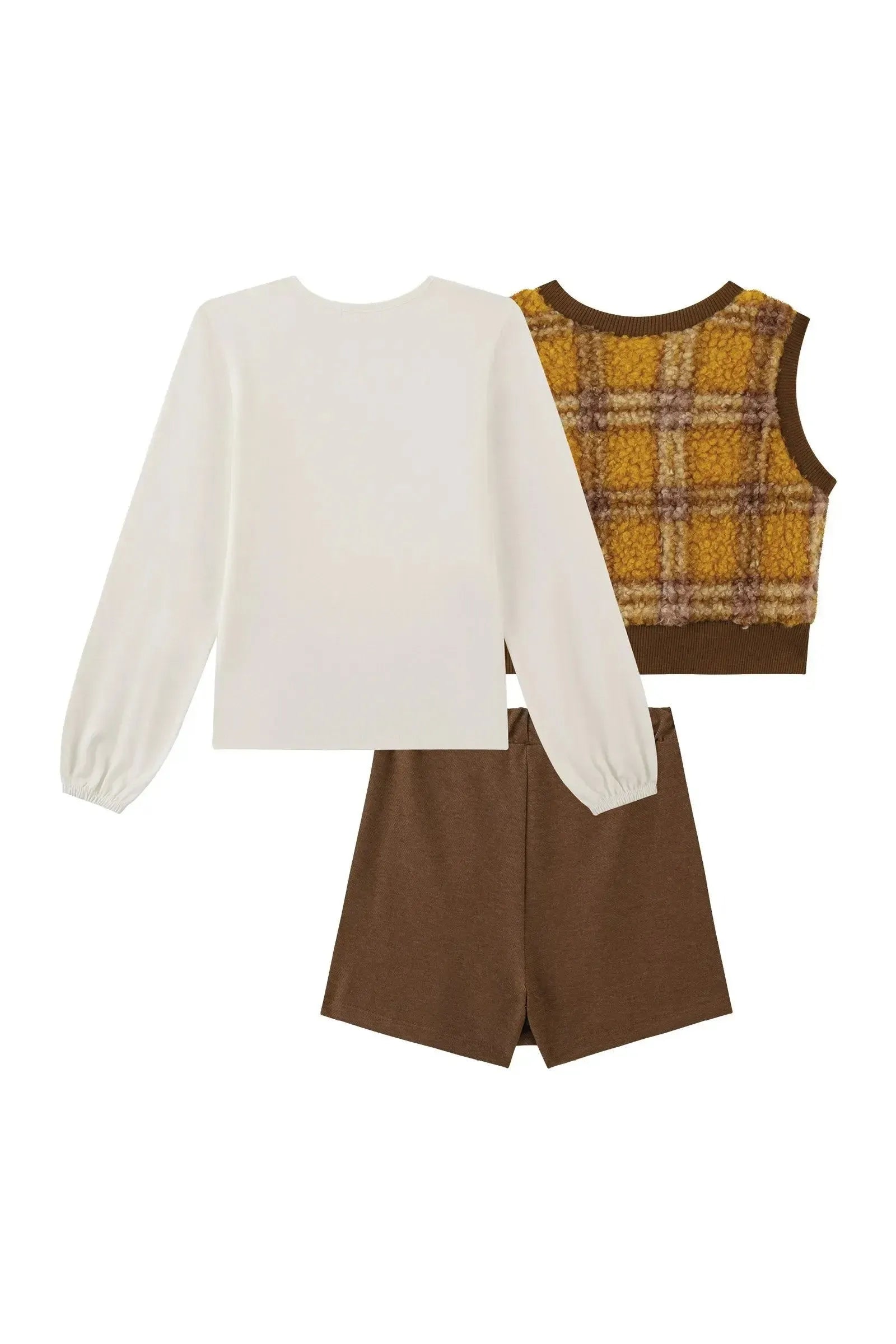 Trio de Blusa em Cotton Short Saia em Cotton Jeans com Elastano e Colete em Pelo Xadrez 92739 Kukiê Infantil Menina