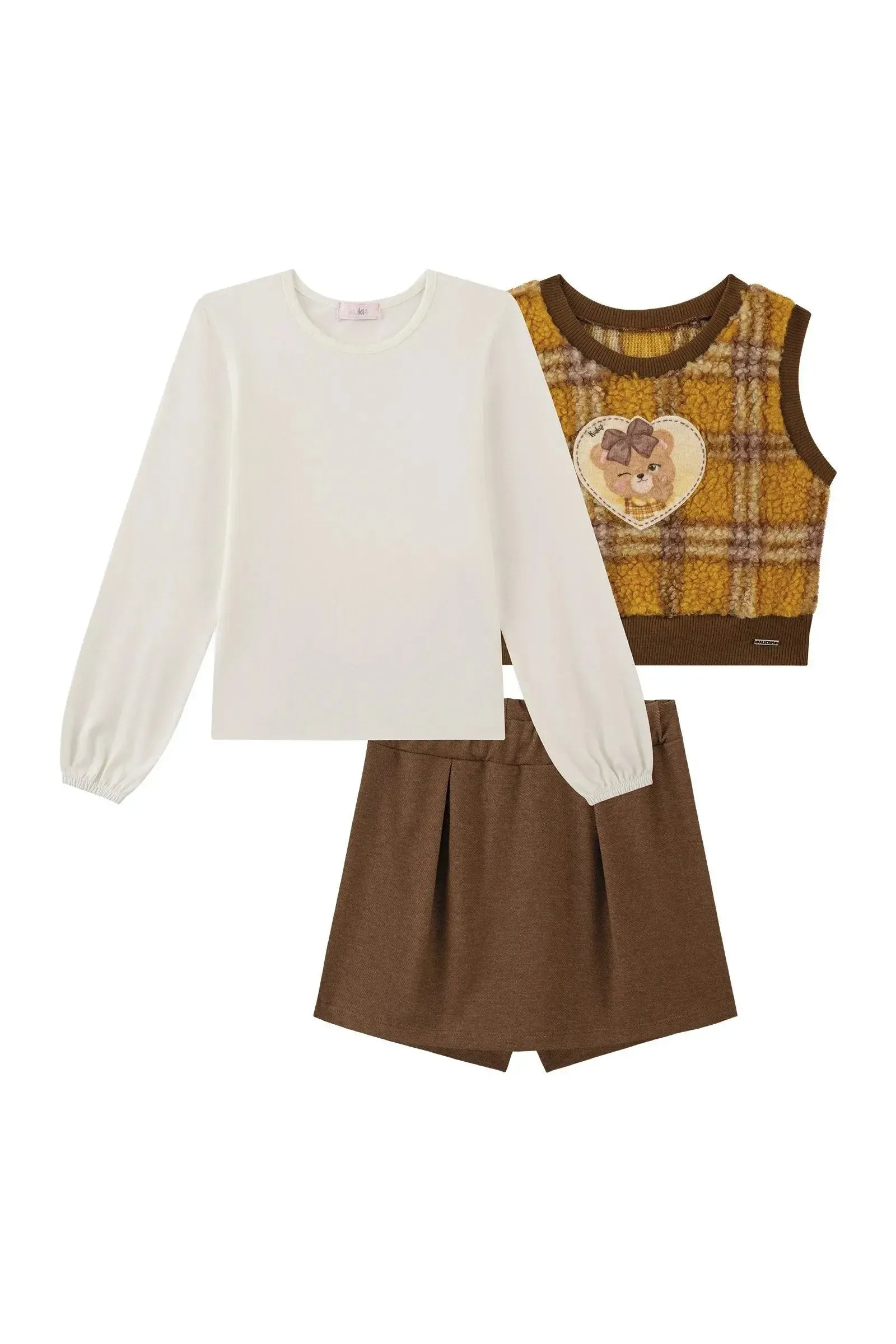 Trio de Blusa em Cotton Short Saia em Cotton Jeans com Elastano e Colete em Pelo Xadrez 92739 Kukiê Infantil Menina