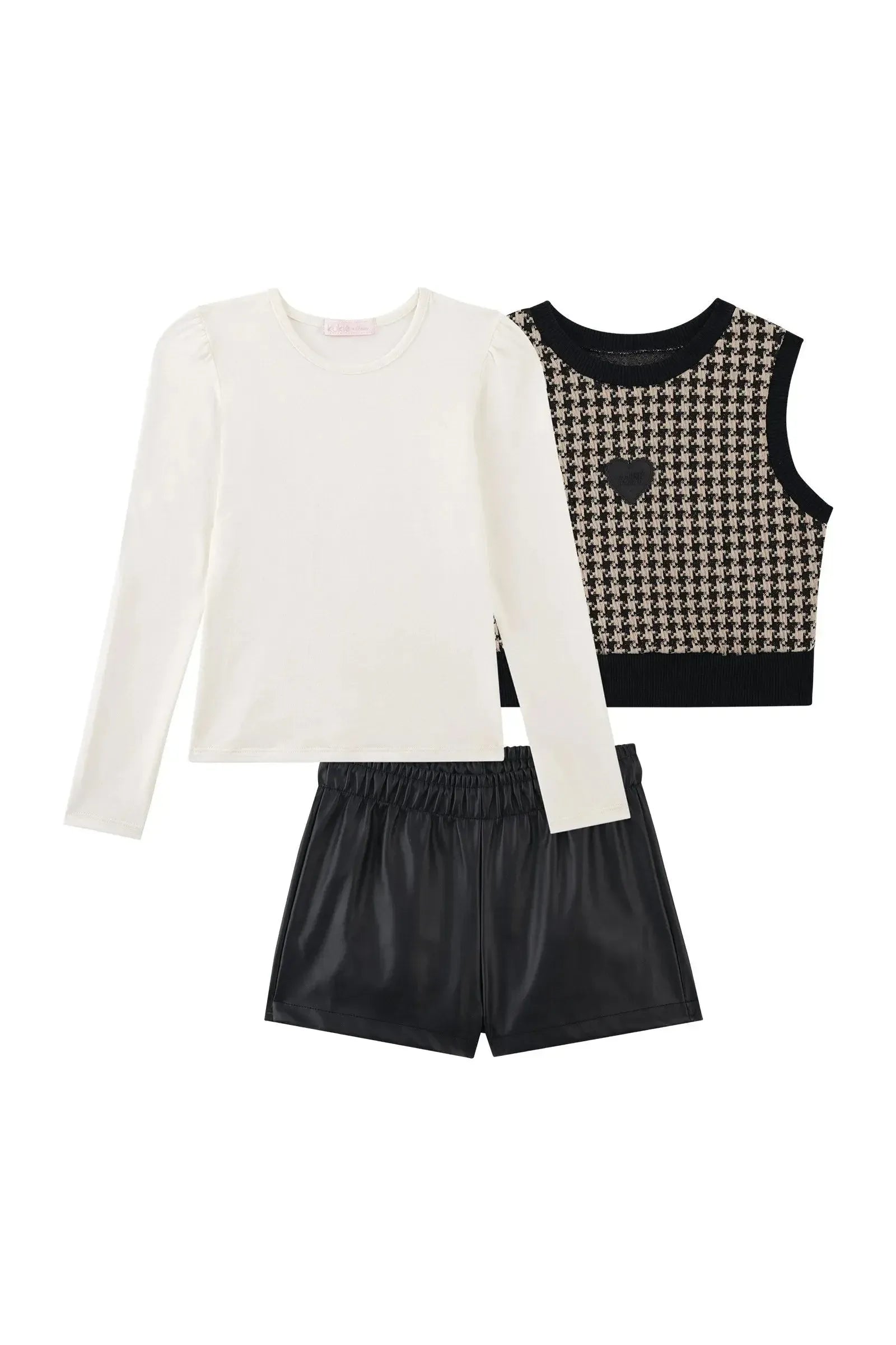Trio de Blusa em Cotton Shorts em Couro Eco e Colete em Malha Jacquard Pied de Poule 91739 Kukiê Infantil Menina