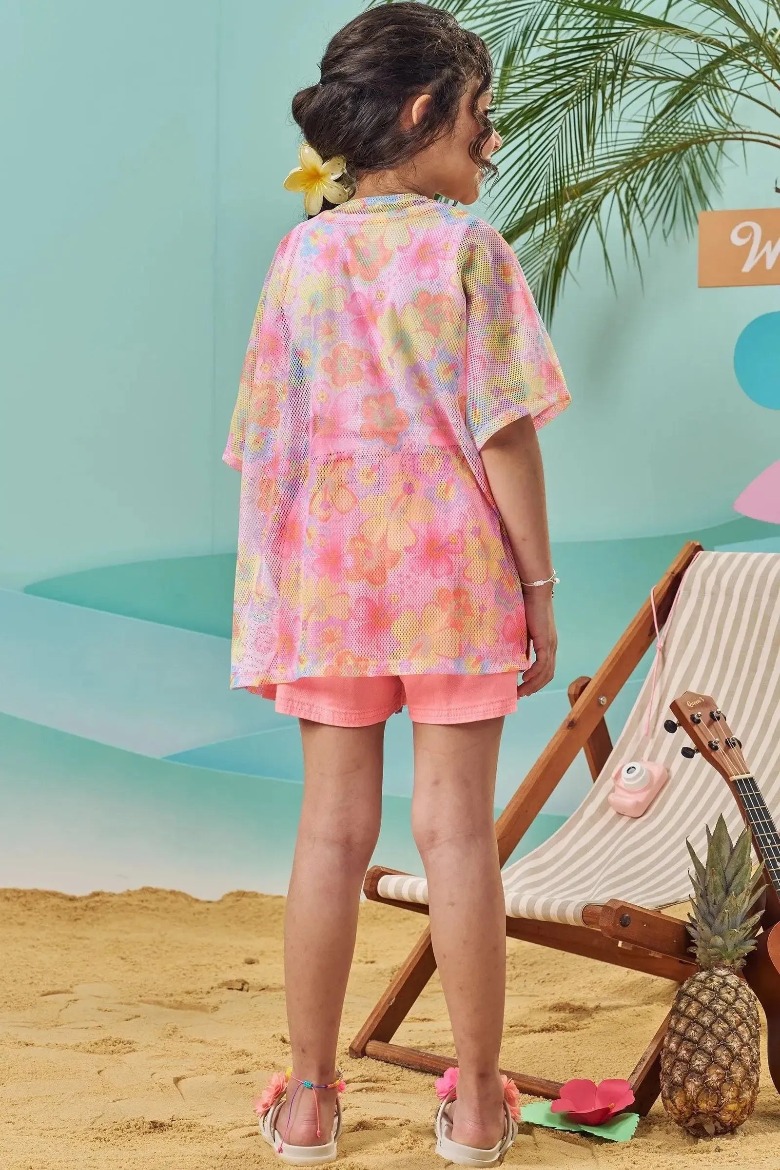 Trio de Blusa em Cotton Shorts em Sarja com Elastano e Kimono em Tela Fashion 84190 Kukiê Infantil Menina