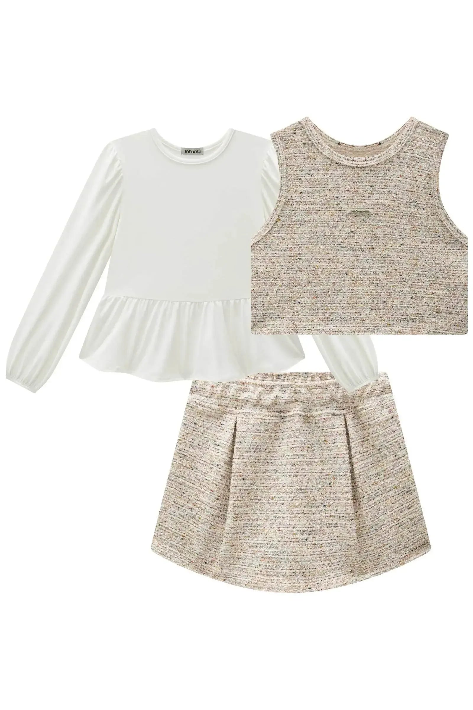 Trio de Blusa em Malha Comfy Colete e Short Saia em Malha Tweed 91897 Infanti Infantil Menina
