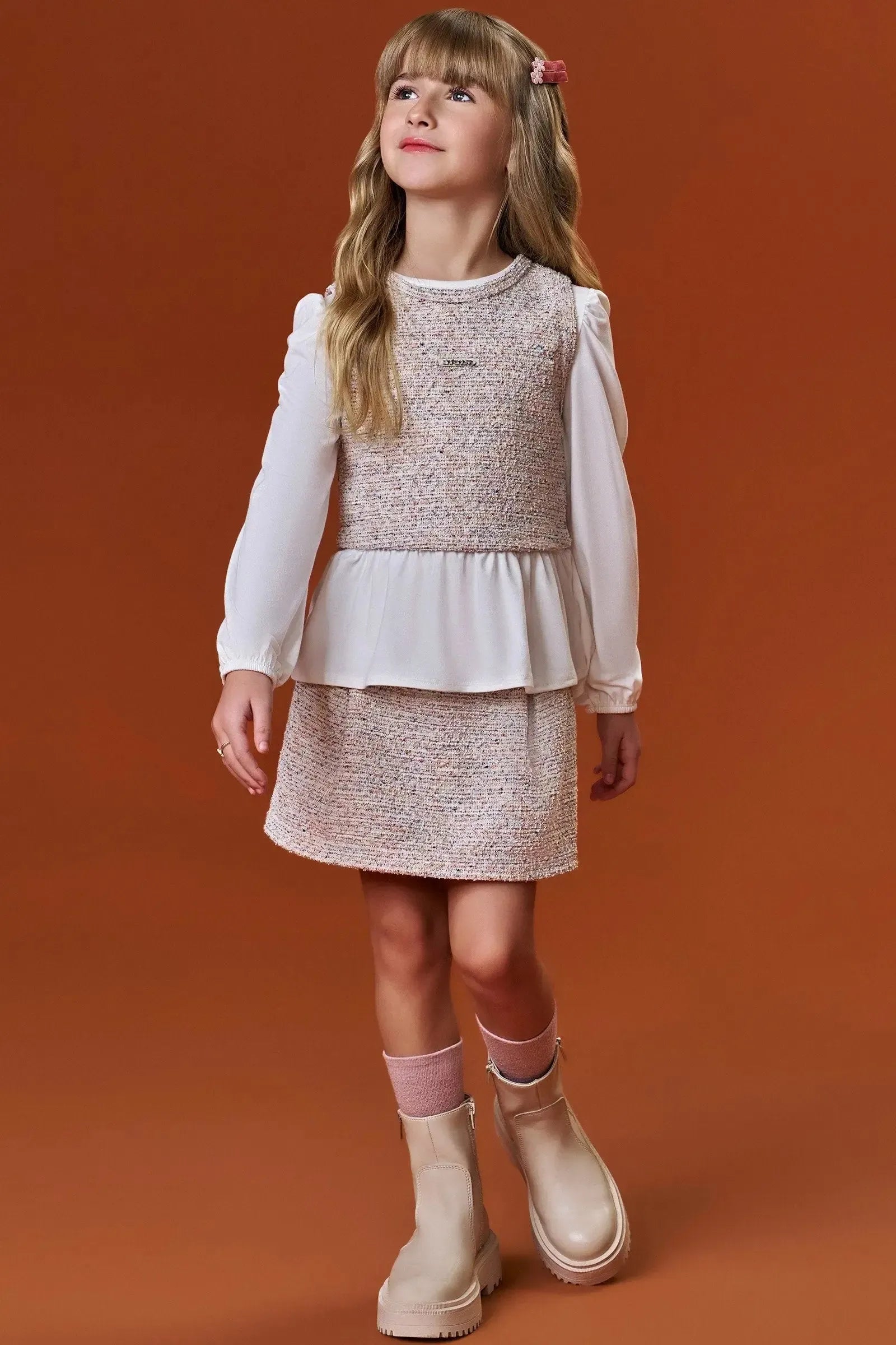 Trio de Blusa em Malha Comfy Colete e Short Saia em Malha Tweed 91897 Infanti Infantil Menina