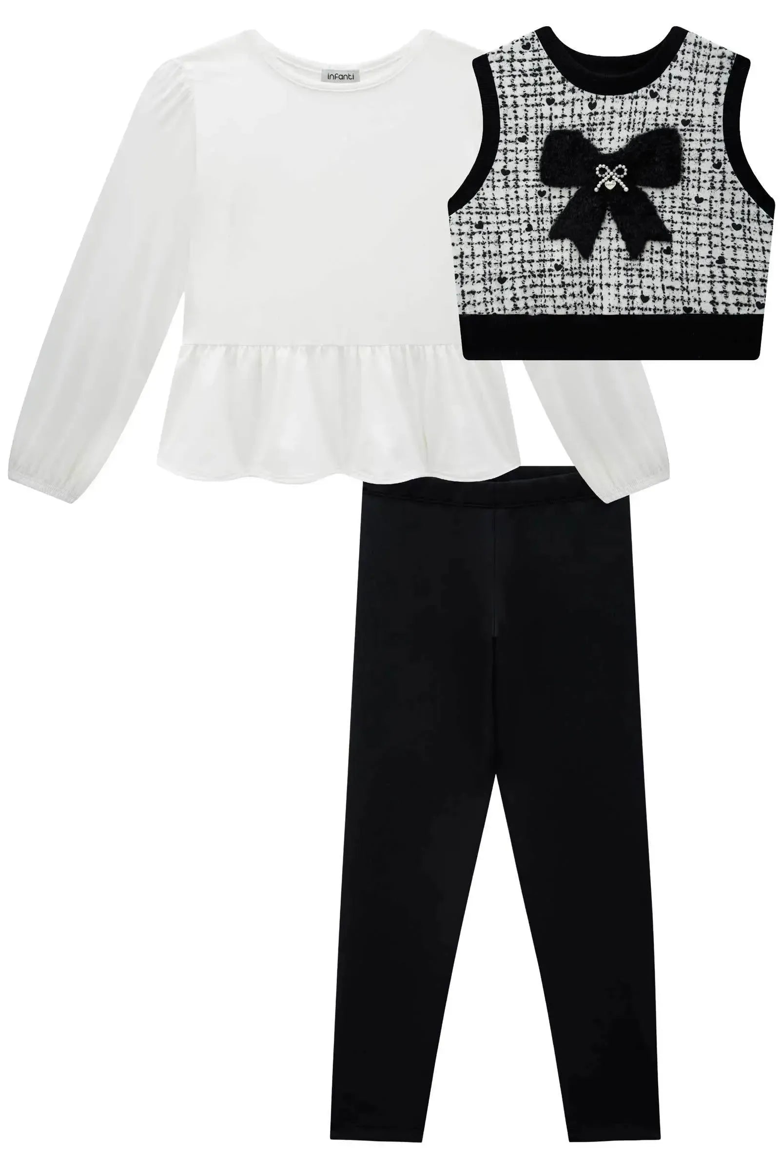 Trio de Blusa em Malha Comfy Colete em Molecotton e Calça Legging em Fly Tech 92495 Infanti Infantil Menina