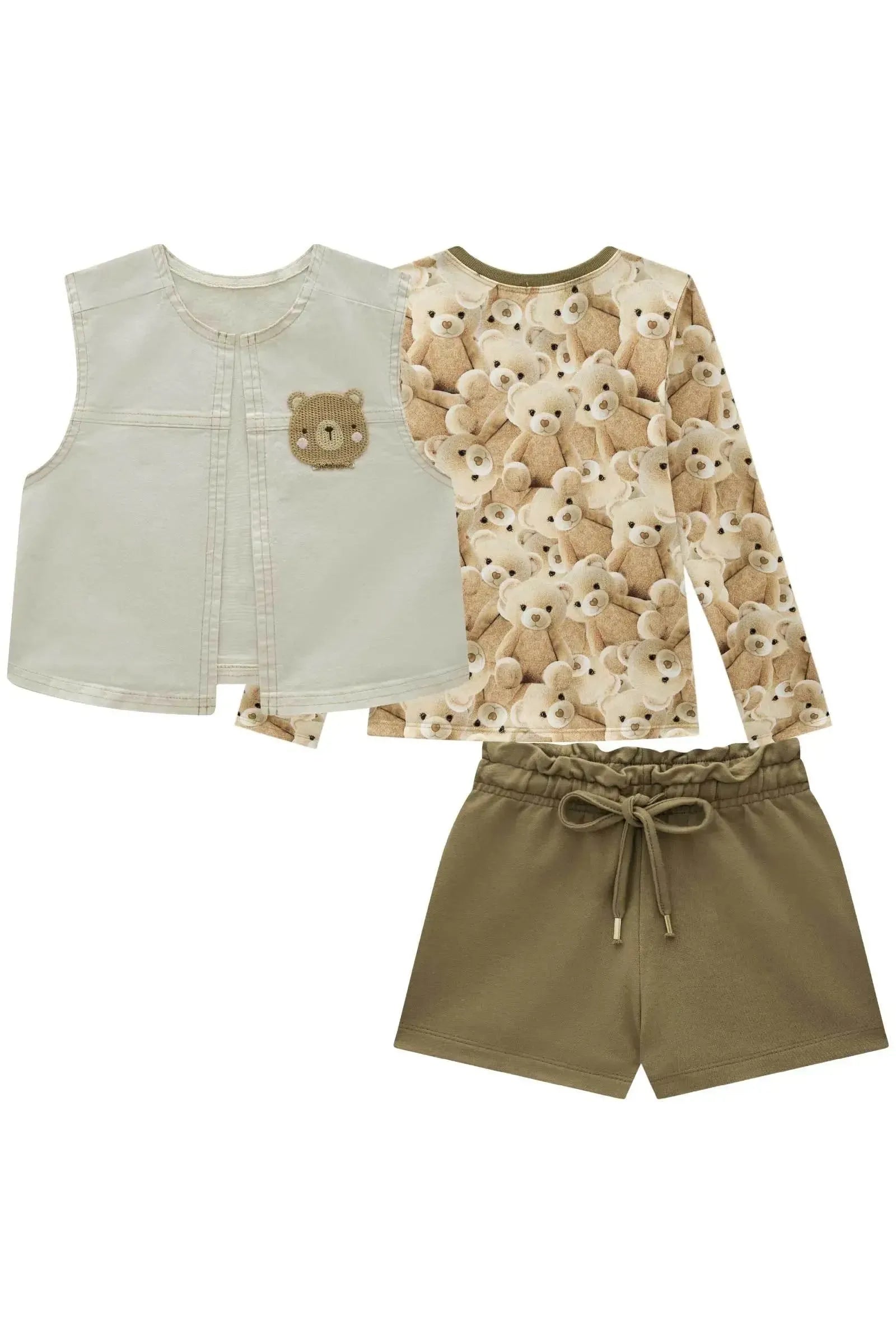 Trio de Blusa em Malha Power Colete em Sarja com Elastano e Shorts em Moletom sem Pelúcia 94230 Infanti Infantil Menina