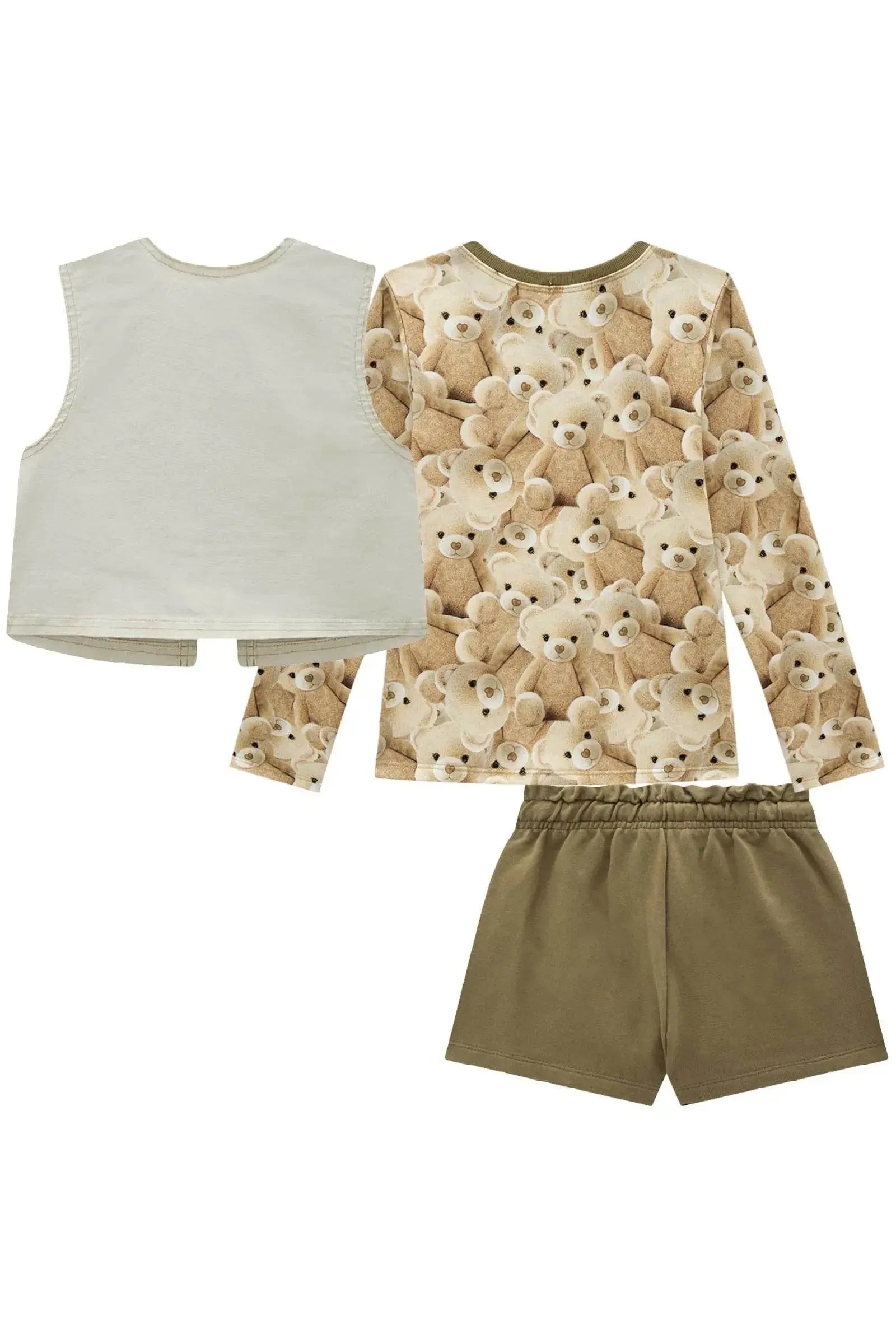 Trio de Blusa em Malha Power Colete em Sarja com Elastano e Shorts em Moletom sem Pelúcia 94230 Infanti Infantil Menina