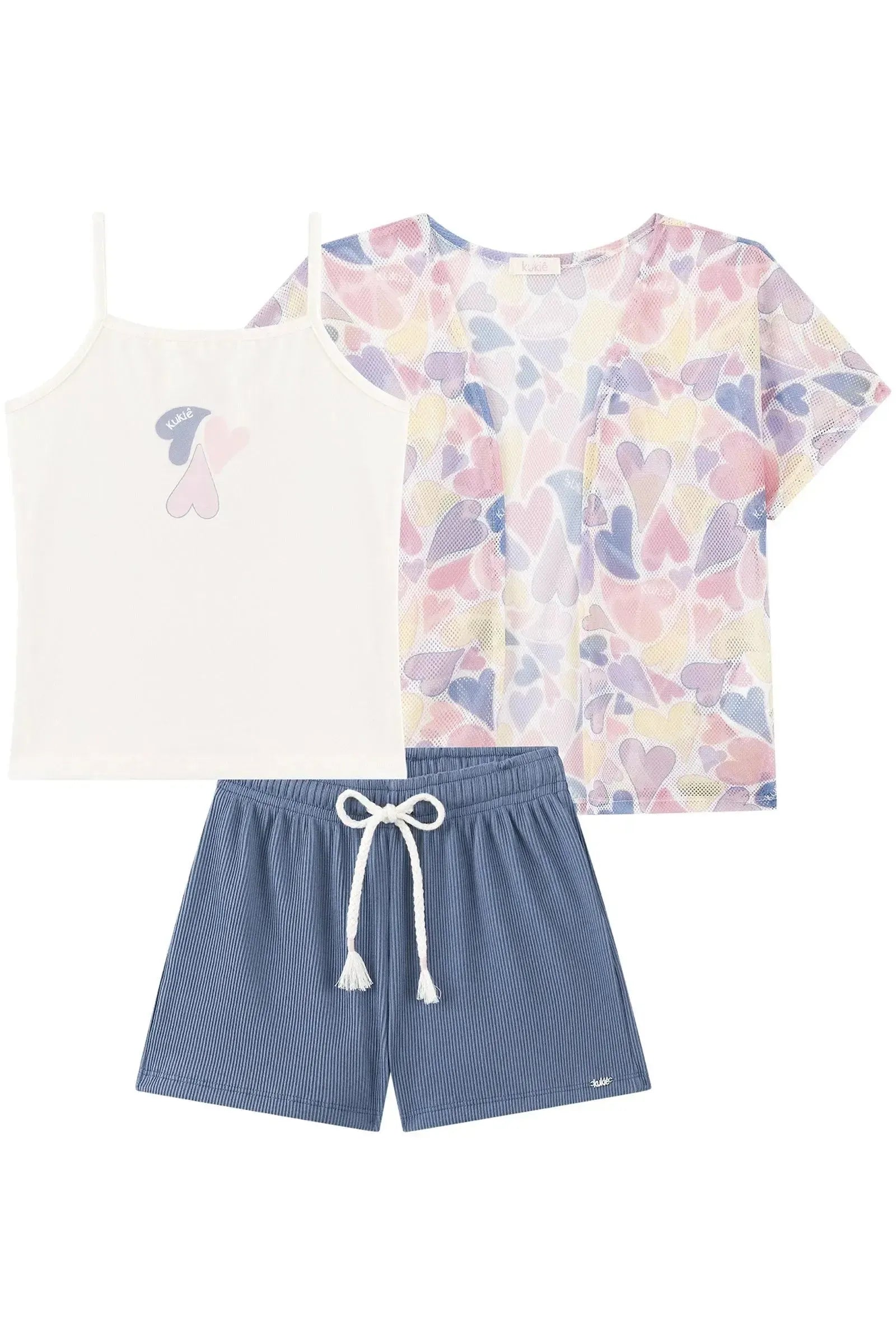Trio de Blusa em Meia Malha Shorts em Soft Line e Kimono em Tela Fashion 93132 Kukiê Infantil Menina