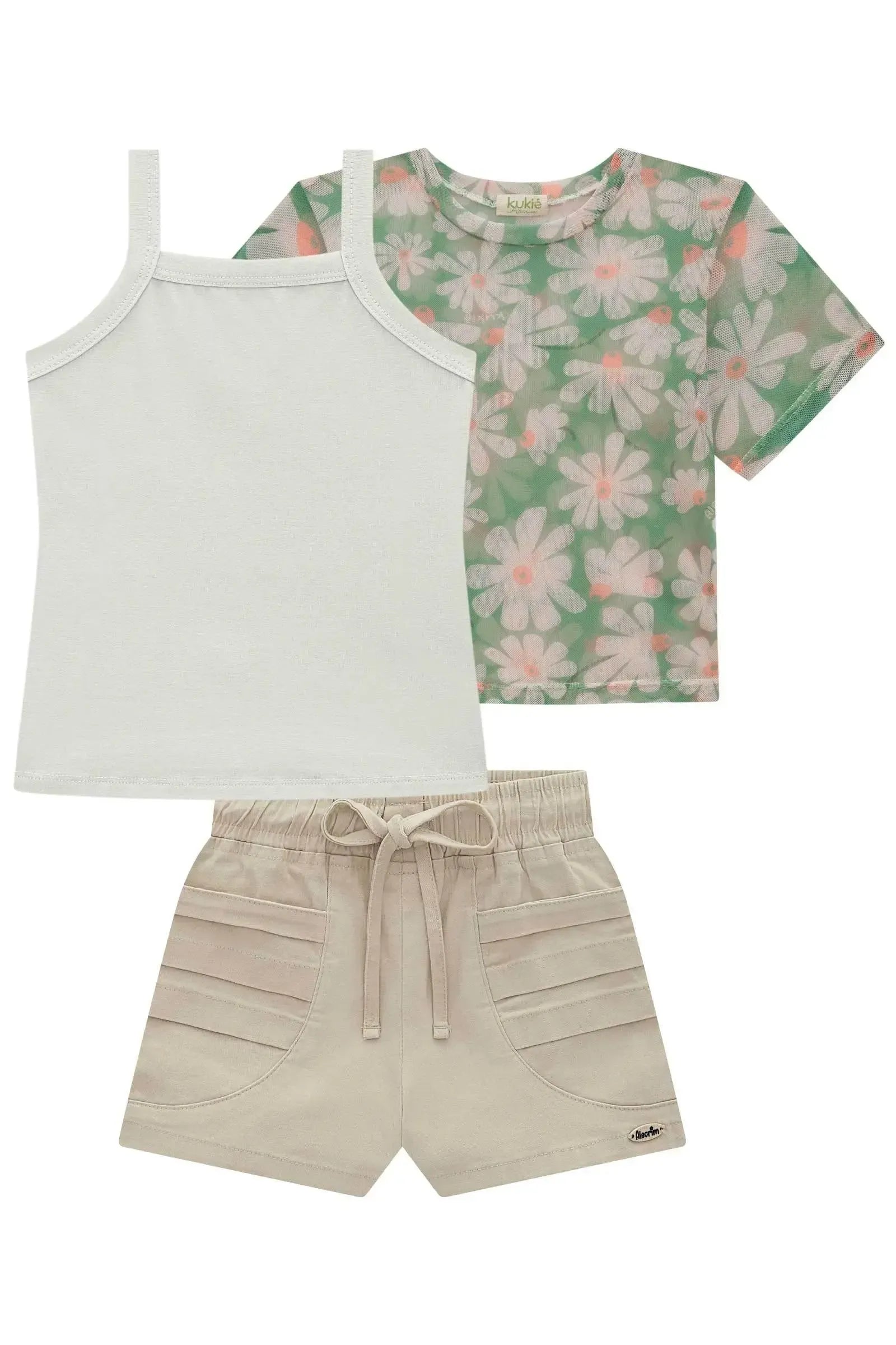 Trio de Blusa em Tule com Elastano Regata em Cotton e Shorts em Sarja com Elastano 98744 Kukiê Infantil Menina