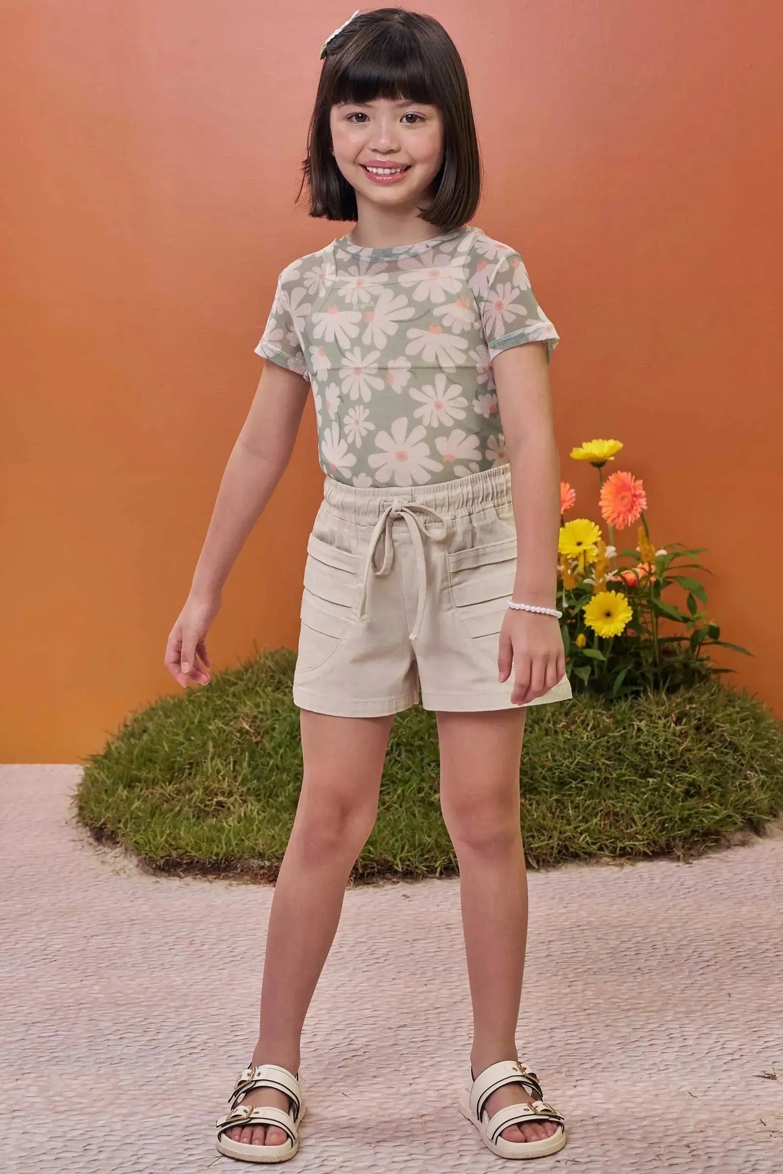 Trio de Blusa em Tule com Elastano Regata em Cotton e Shorts em Sarja com Elastano 98744 Kukiê Infantil Menina