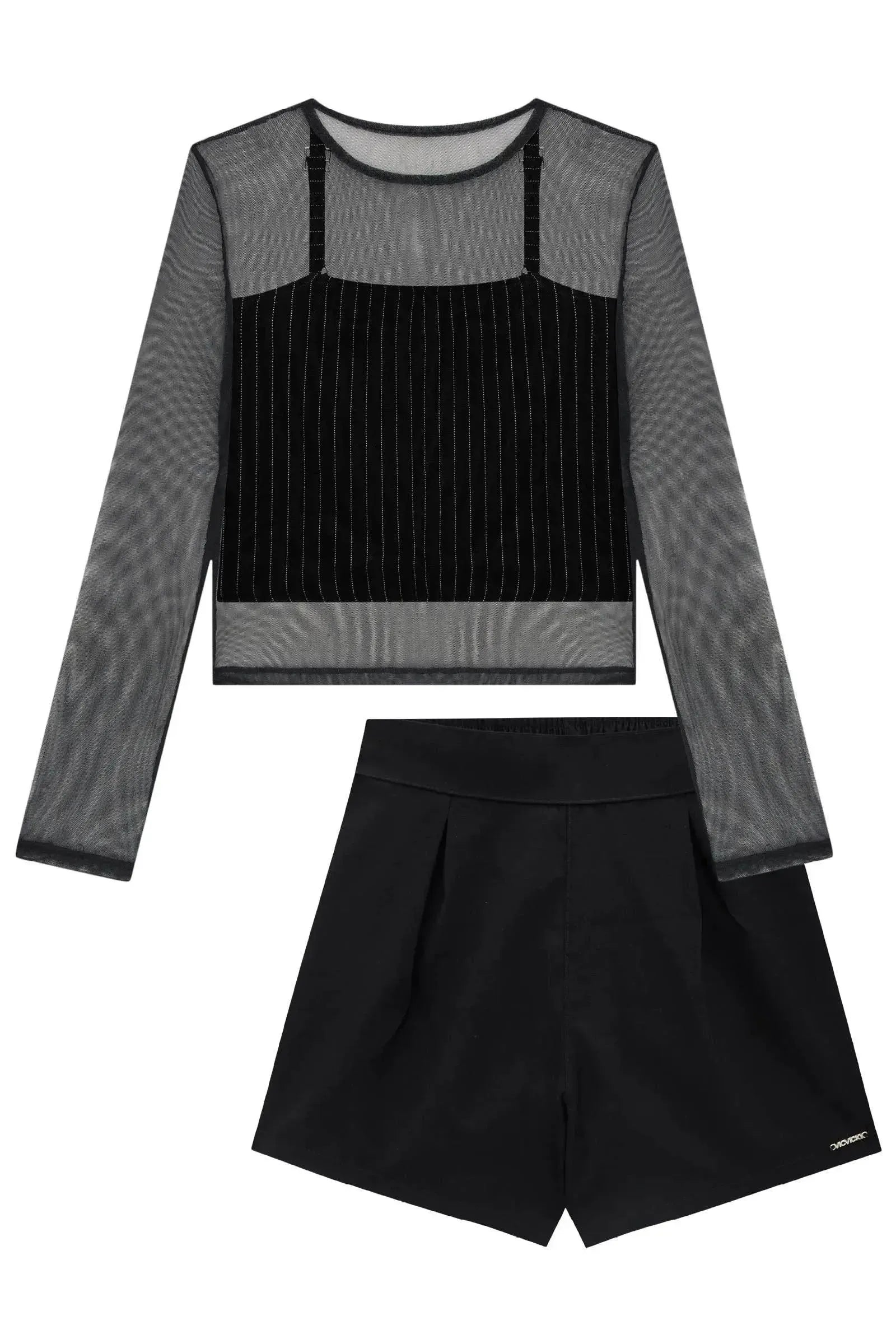 Trio de Blusa em Tule Sobreposição Regata Cropped em Visco Shine e Shorts em Alfaiataria 90128 Vic&Vicky Teen Menina