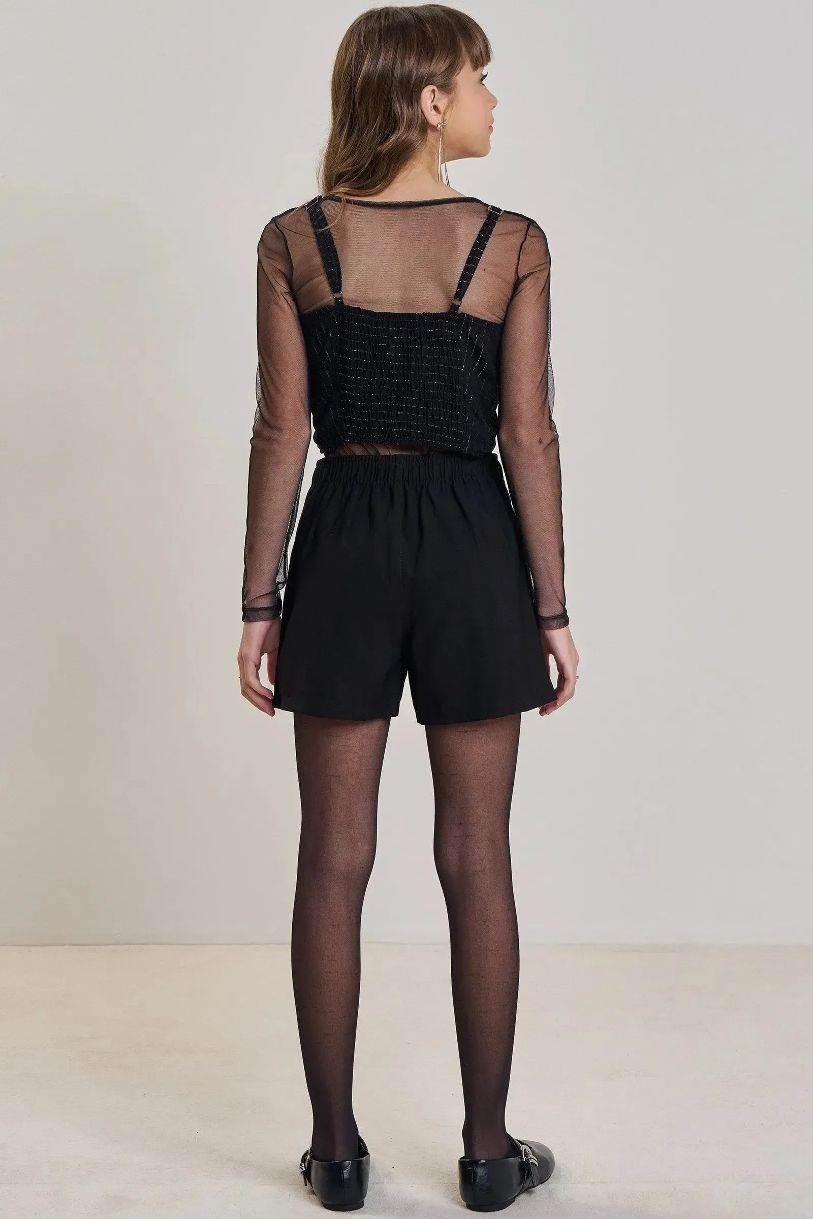 Trio de Blusa em Tule Sobreposição Regata Cropped em Visco Shine e Shorts em Alfaiataria 90128 Vic&Vicky Teen Menina