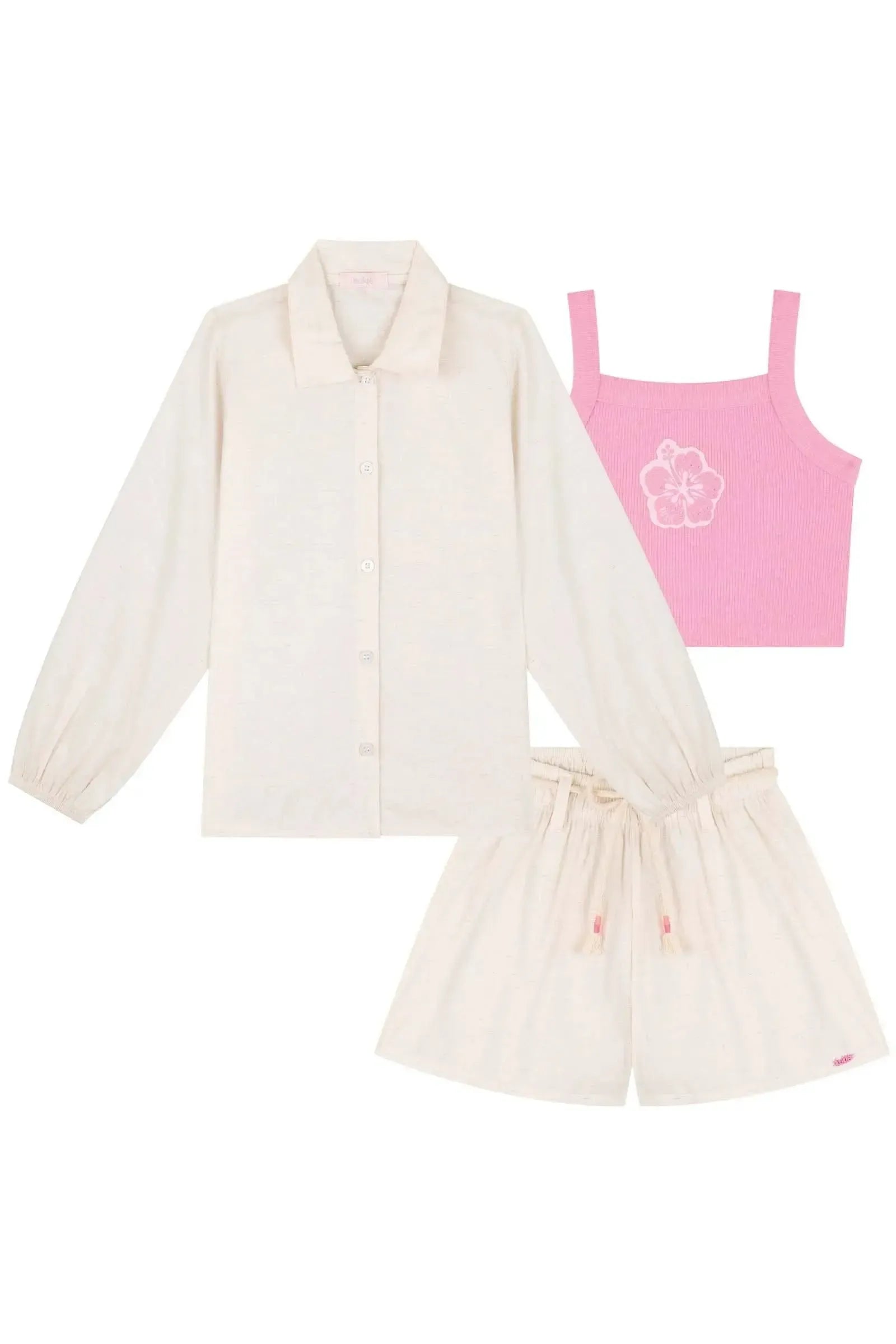 Trio de Camisa e Shorts em Linho Deluxe e Top Cropped em Canelado Liz 84182 Kukiê Infantil Menina