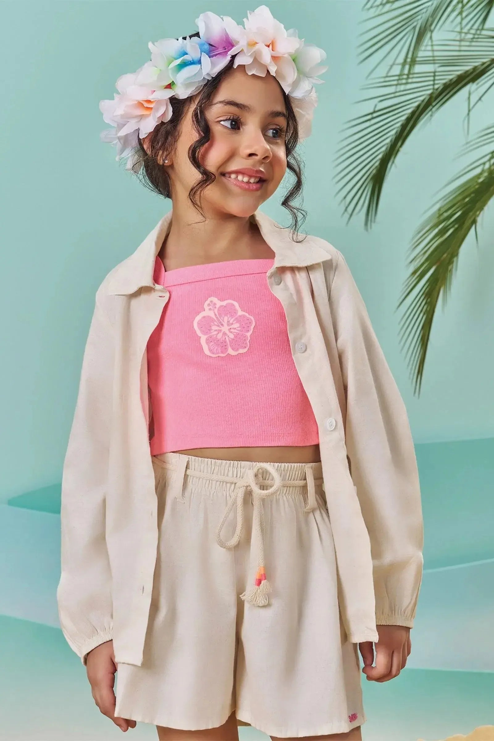 Trio de Camisa e Shorts em Linho Deluxe e Top Cropped em Canelado Liz 84182 Kukiê Infantil Menina