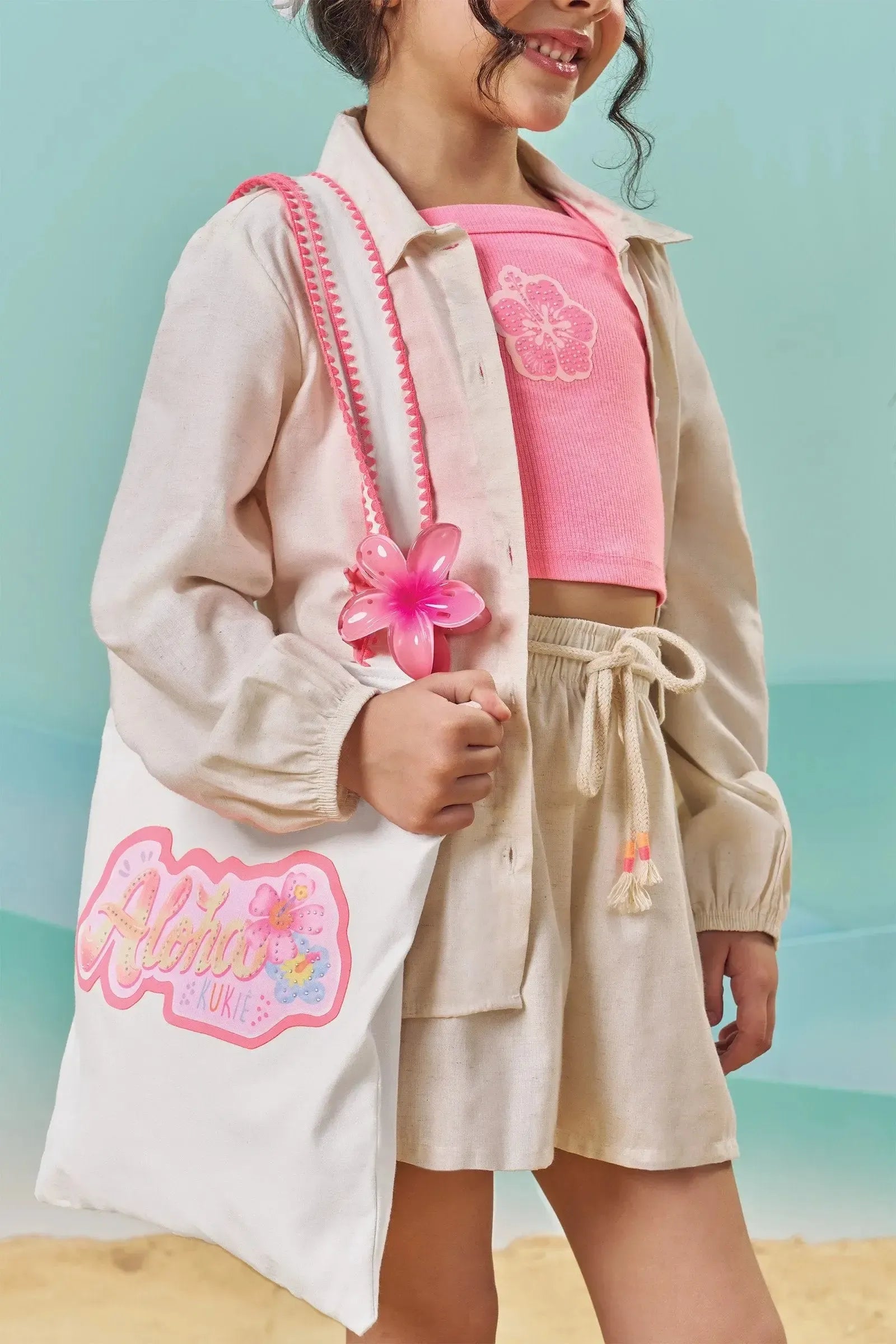 Trio de Camisa e Shorts em Linho Deluxe e Top Cropped em Canelado Liz 84182 Kukiê Infantil Menina