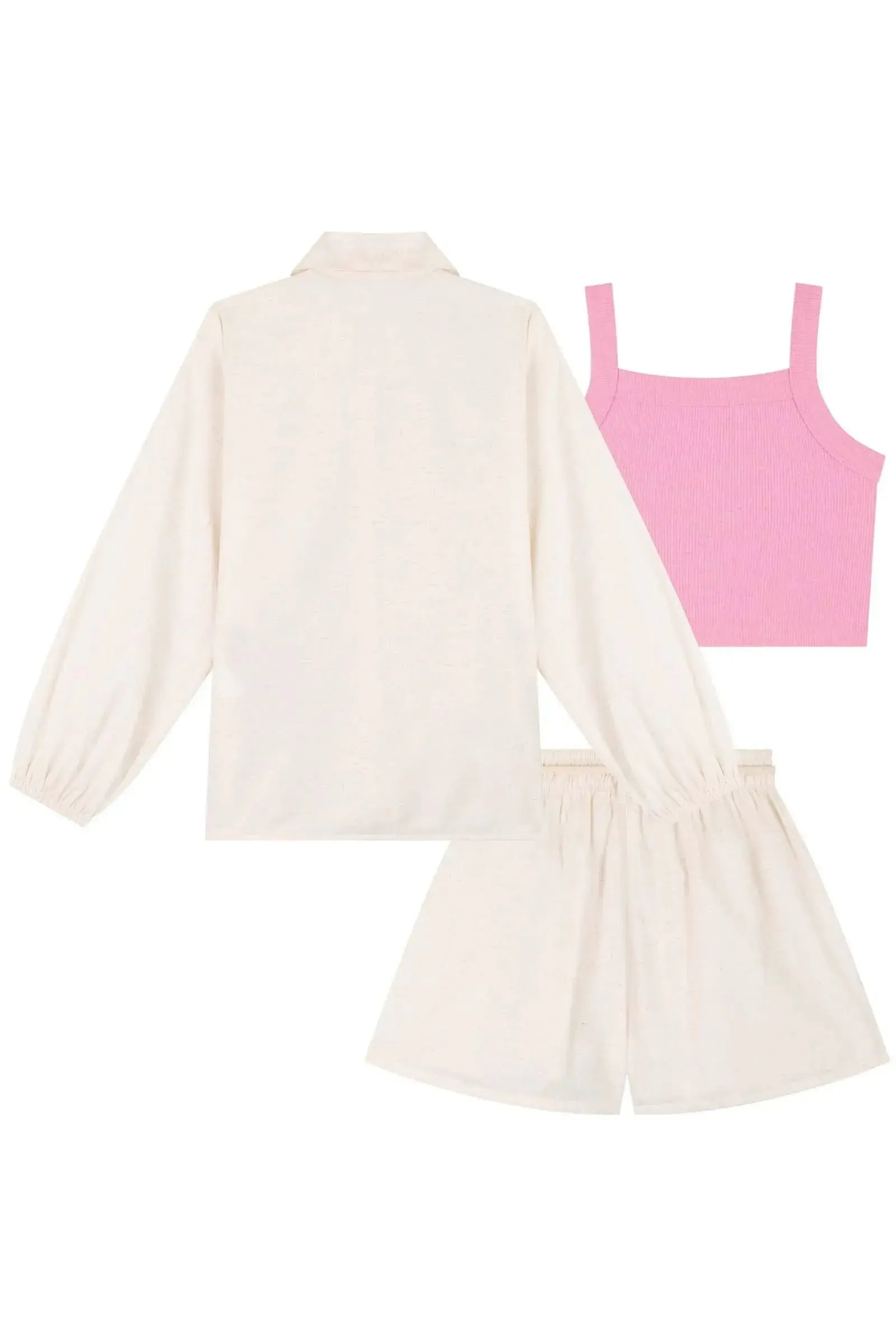 Trio de Camisa e Shorts em Linho Deluxe e Top Cropped em Canelado Liz 84182 Kukiê Infantil Menina