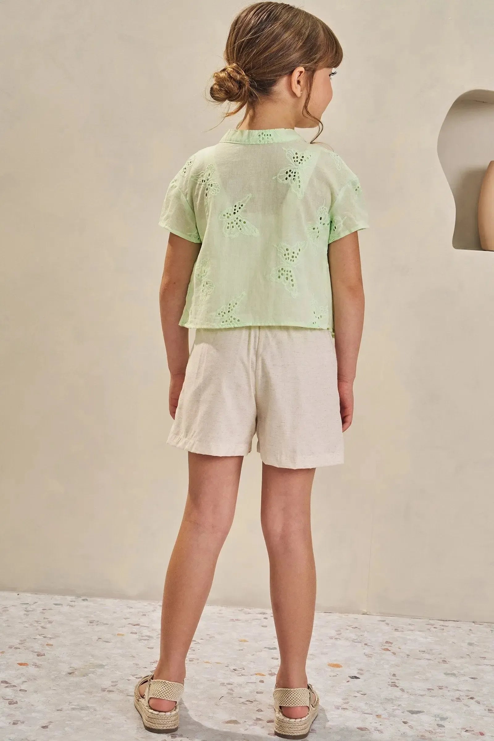 Trio de Camisa em Laise Borboleta Cropped e Shorts em Linho Deluxe 84610 Infanti Infantil Menina
