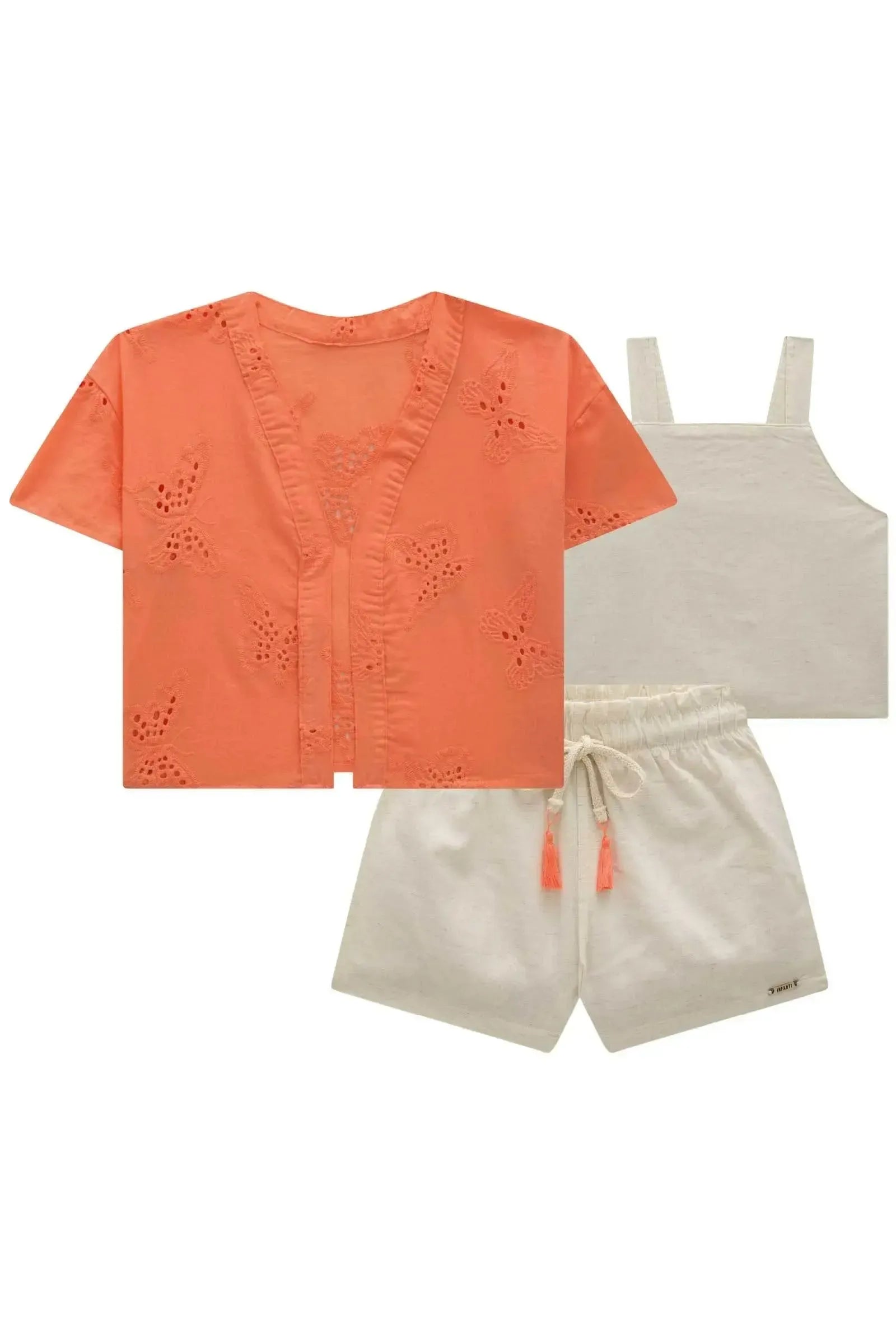 Trio de Camisa em Laise Borboleta Cropped e Shorts em Linho Deluxe 84610 Infanti Infantil Menina