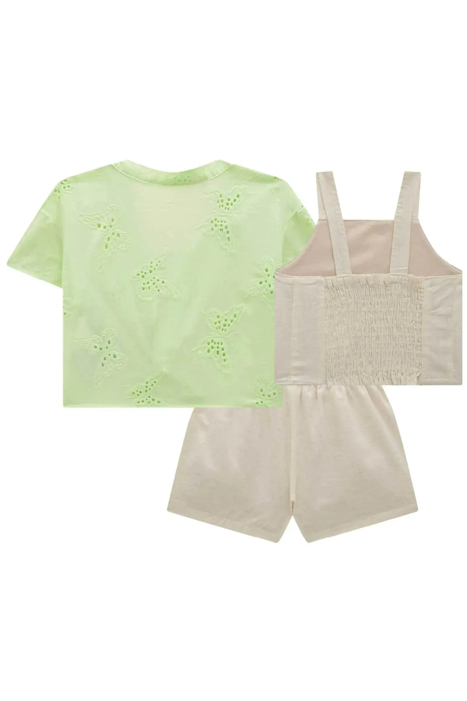 Trio de Camisa em Laise Borboleta Cropped e Shorts em Linho Deluxe 84610 Infanti Infantil Menina