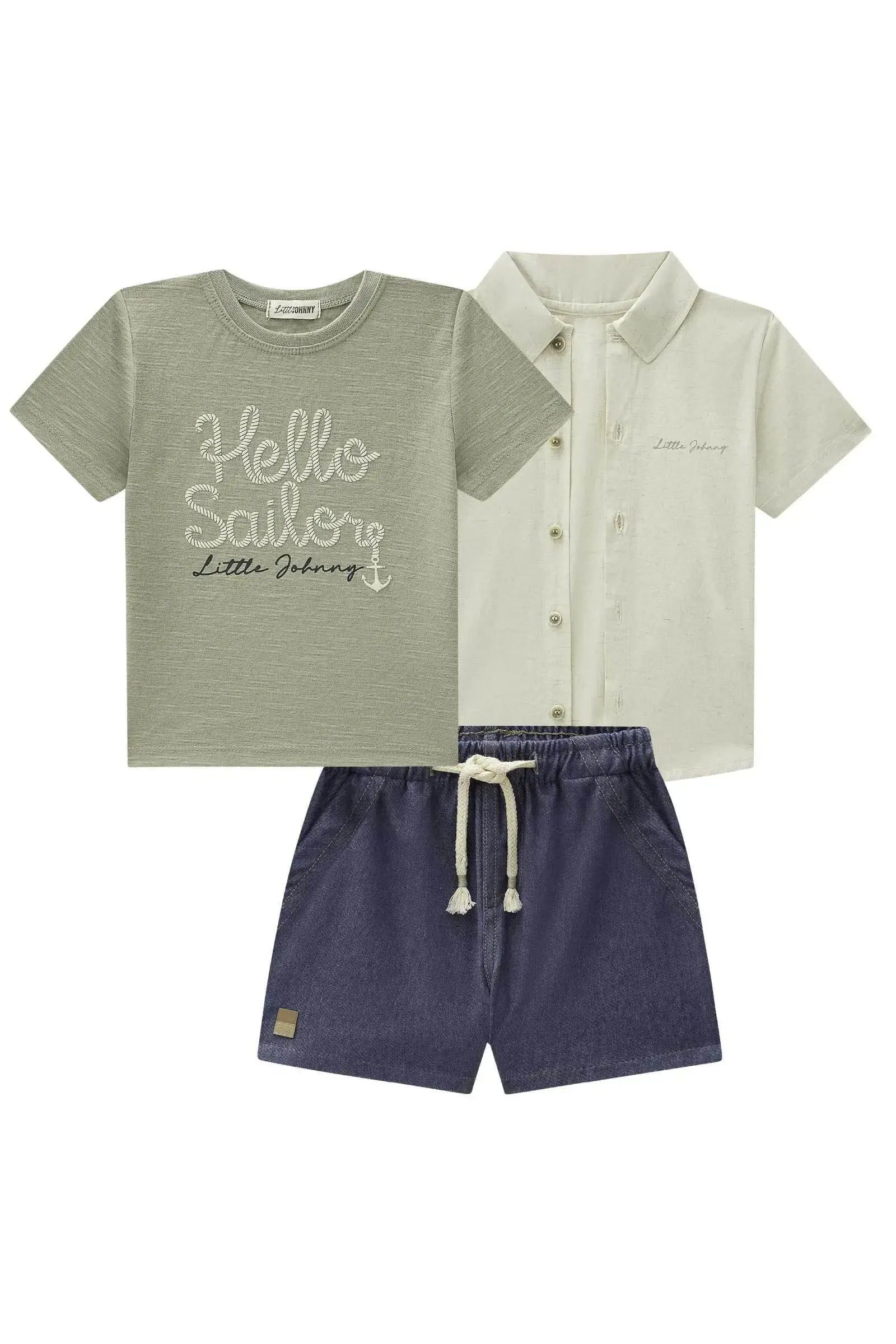 Trio de Camisa em Linho Deluxe Camiseta em Flamê e Bermuda em Cotton Jeans com Elastano 86333 Johnny Fox Bebê Menino