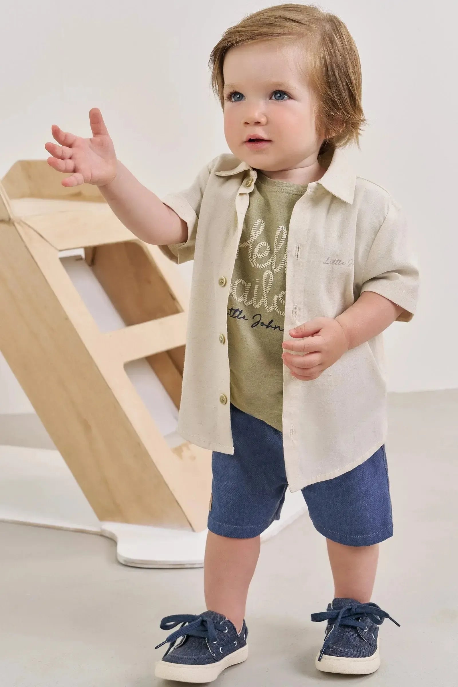 Trio de Camisa em Linho Deluxe Camiseta em Flamê e Bermuda em Cotton Jeans com Elastano 86333 Johnny Fox Bebê Menino