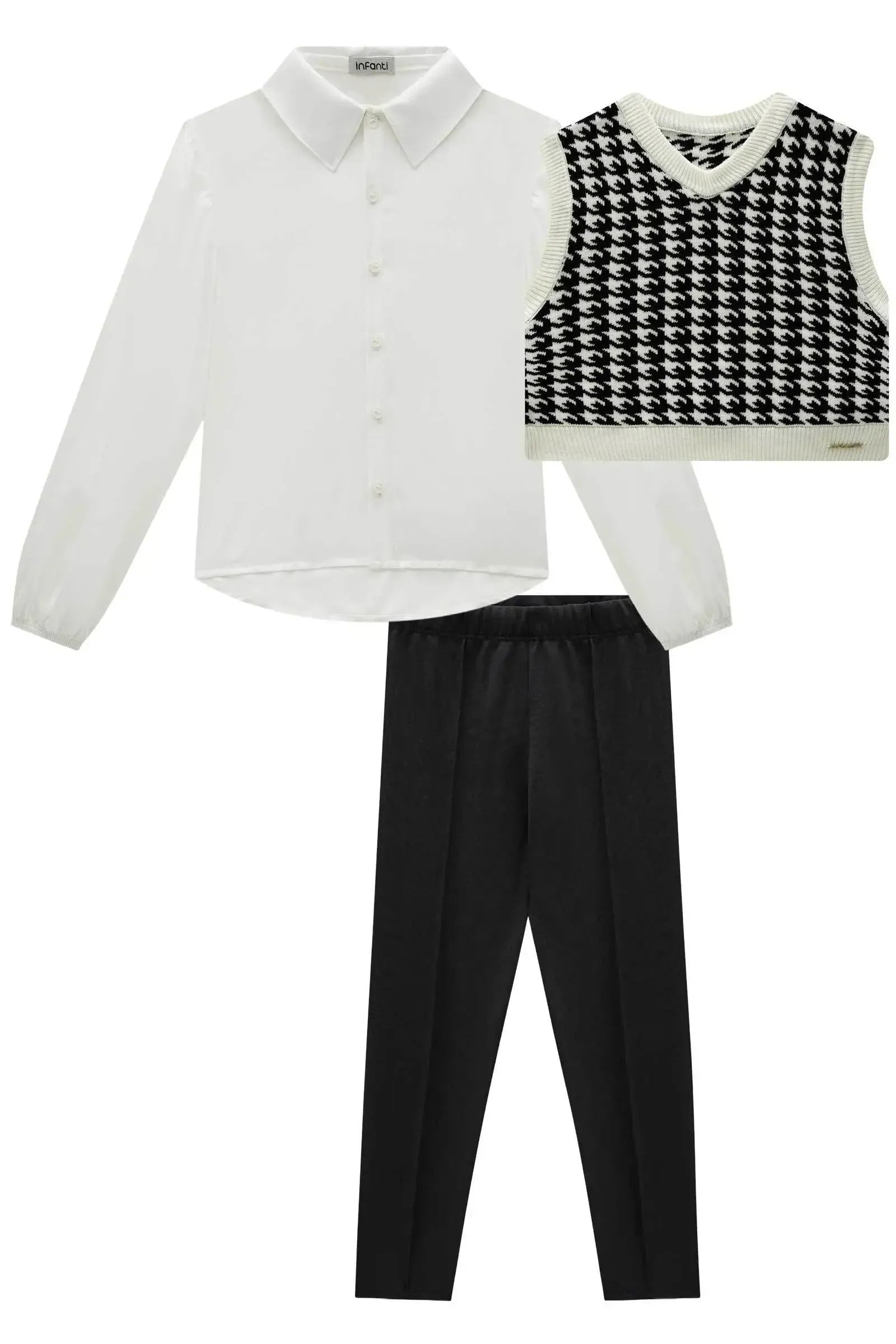 Trio de Camisa em Viscose Colete em Tricot e Calça Legging em Termoskin Peluciado 87689 Infanti Infantil Menina