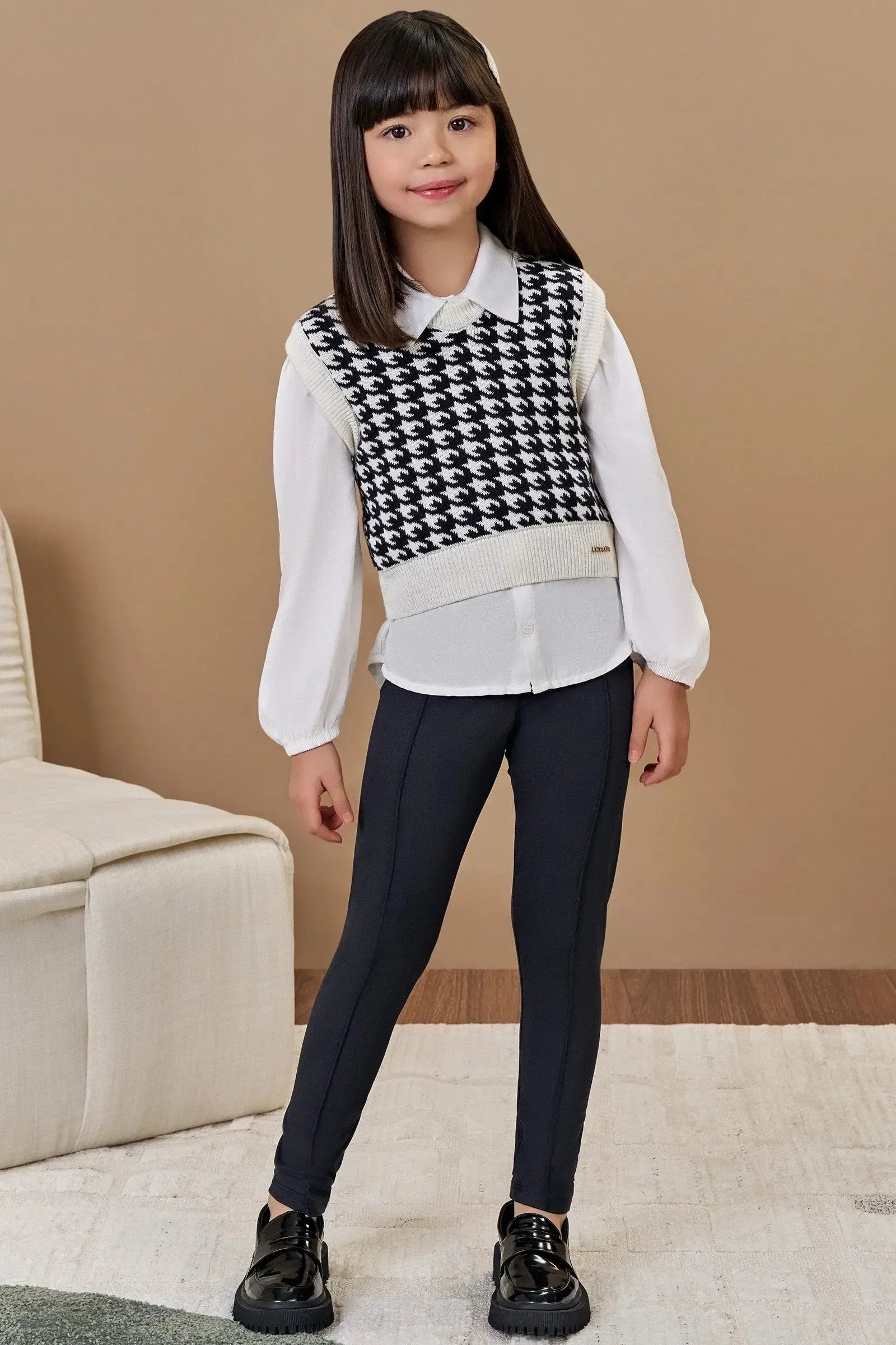 Trio de Camisa em Viscose Colete em Tricot e Calça Legging em Termoskin Peluciado 87689 Infanti Infantil Menina