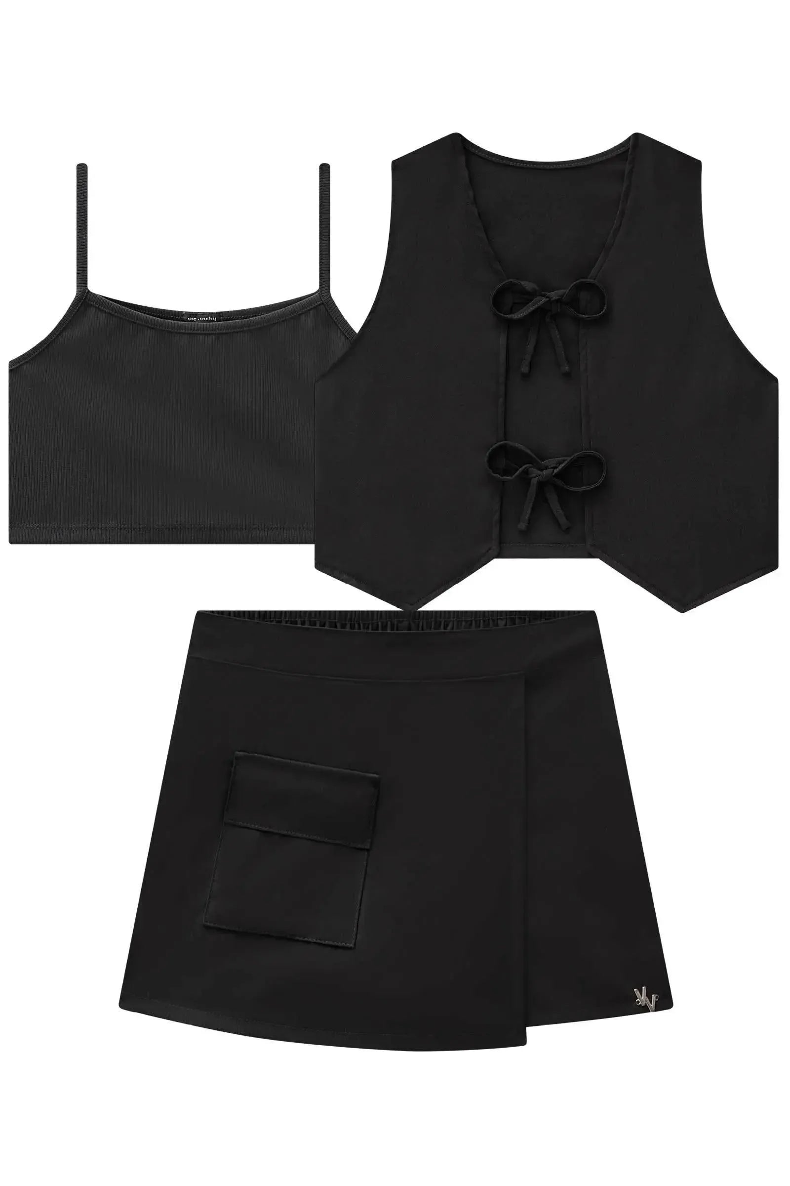 Trio de Colete e Short Saia em Alfaiataria Twill e Top em Ribana Fancy 83915 Vic&Vicky Teen Menina