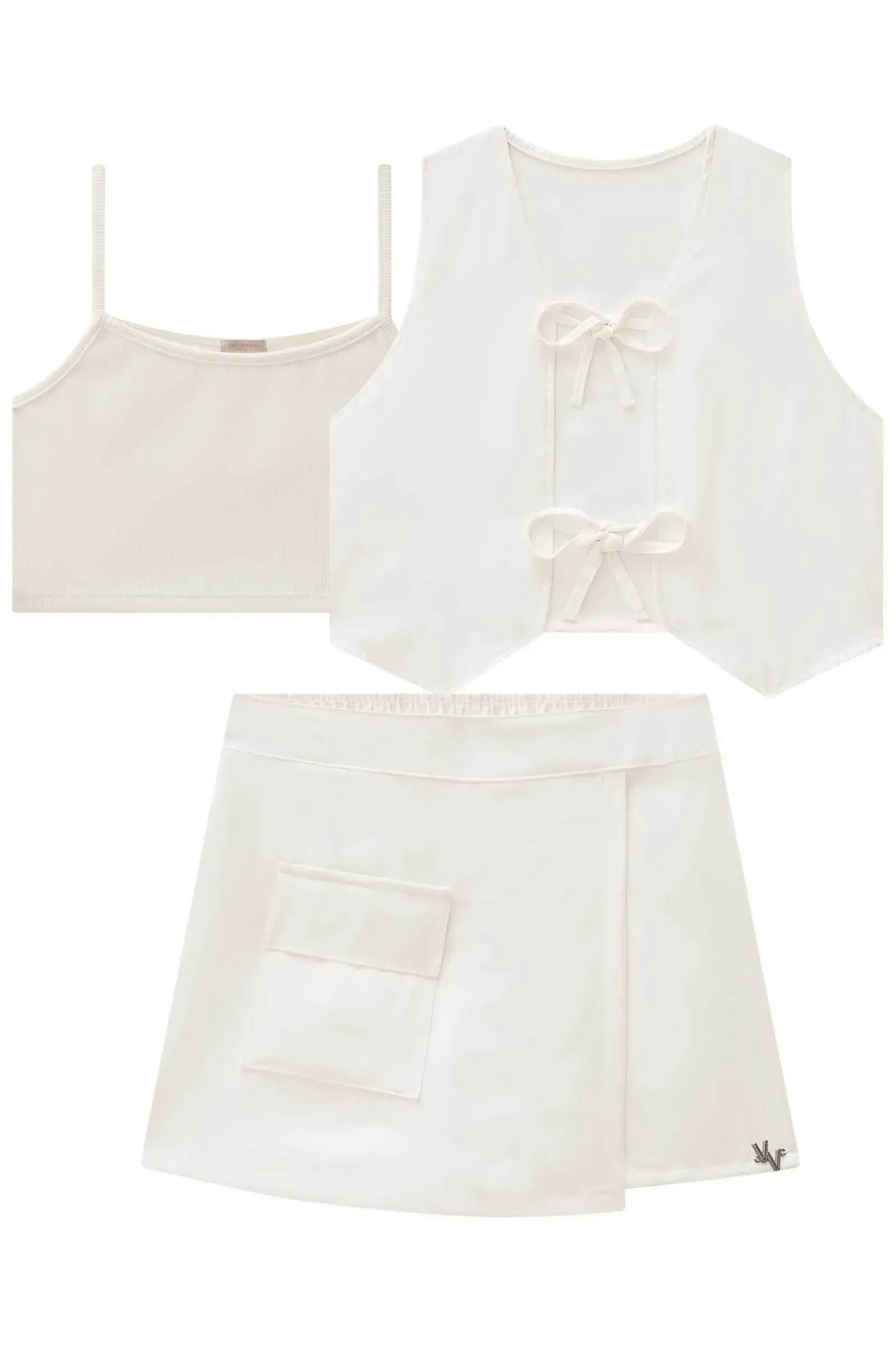 Trio de Colete e Short Saia em Alfaiataria Twill e Top em Ribana Fancy 83915 Vic&Vicky Teen Menina