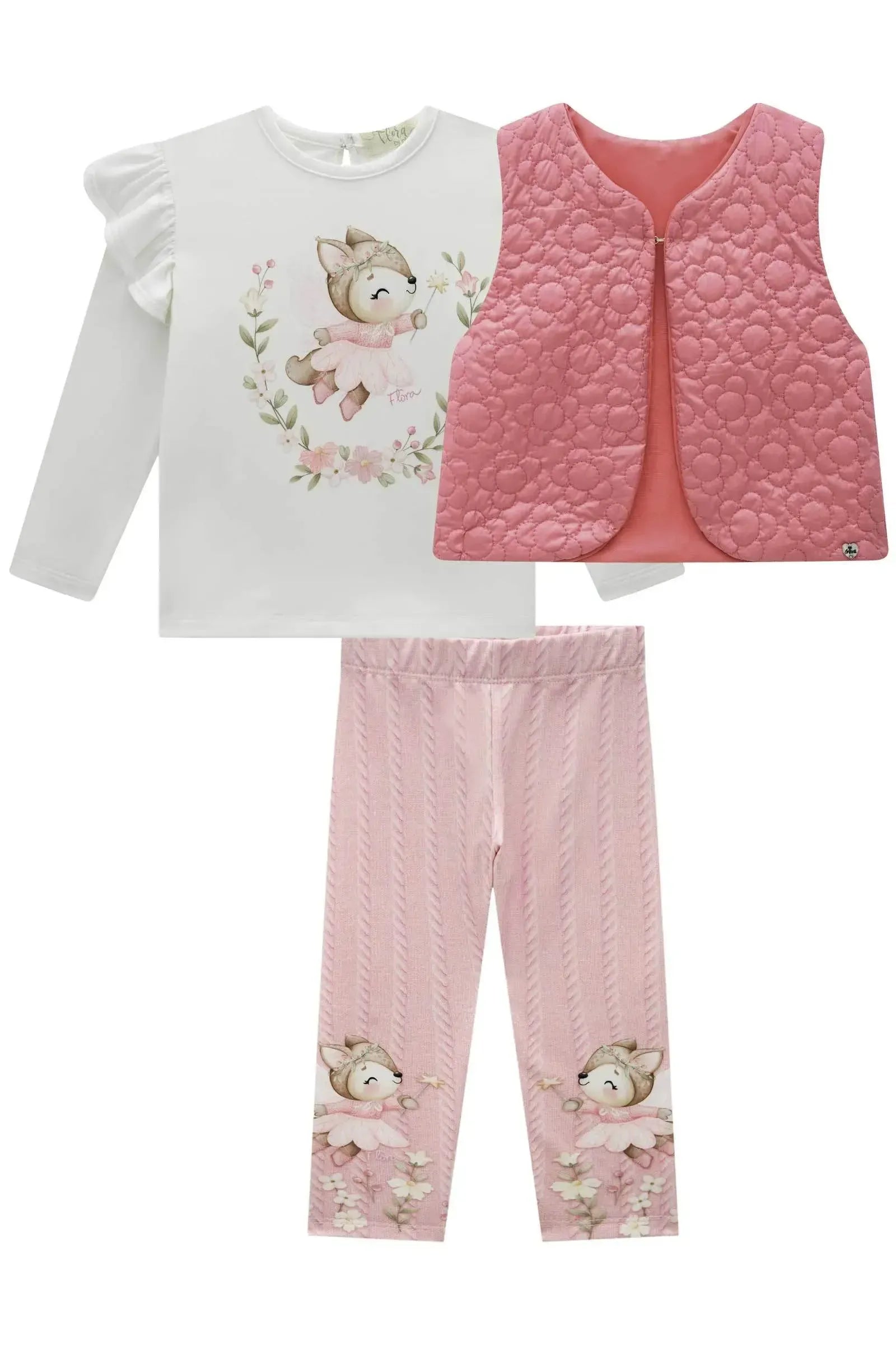 Trio de Colete em Matelassê Flores com Bata em Malha Comfy e Calça Legging em Termoskin Pel 90990 Infanti Bebê Menina