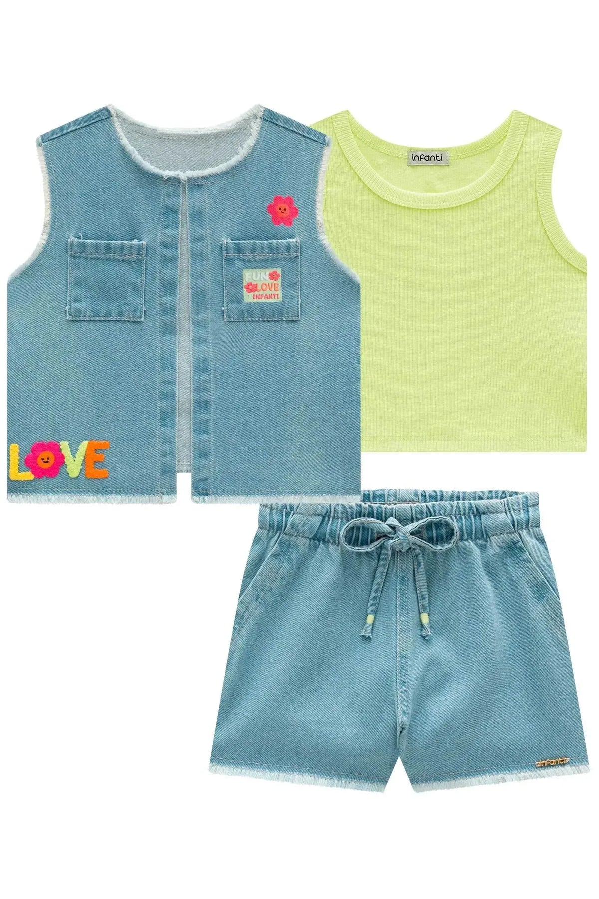 Trio de Regata em Canelado Colete e Shorts em Jeans 99311 Infanti Infantil Menina