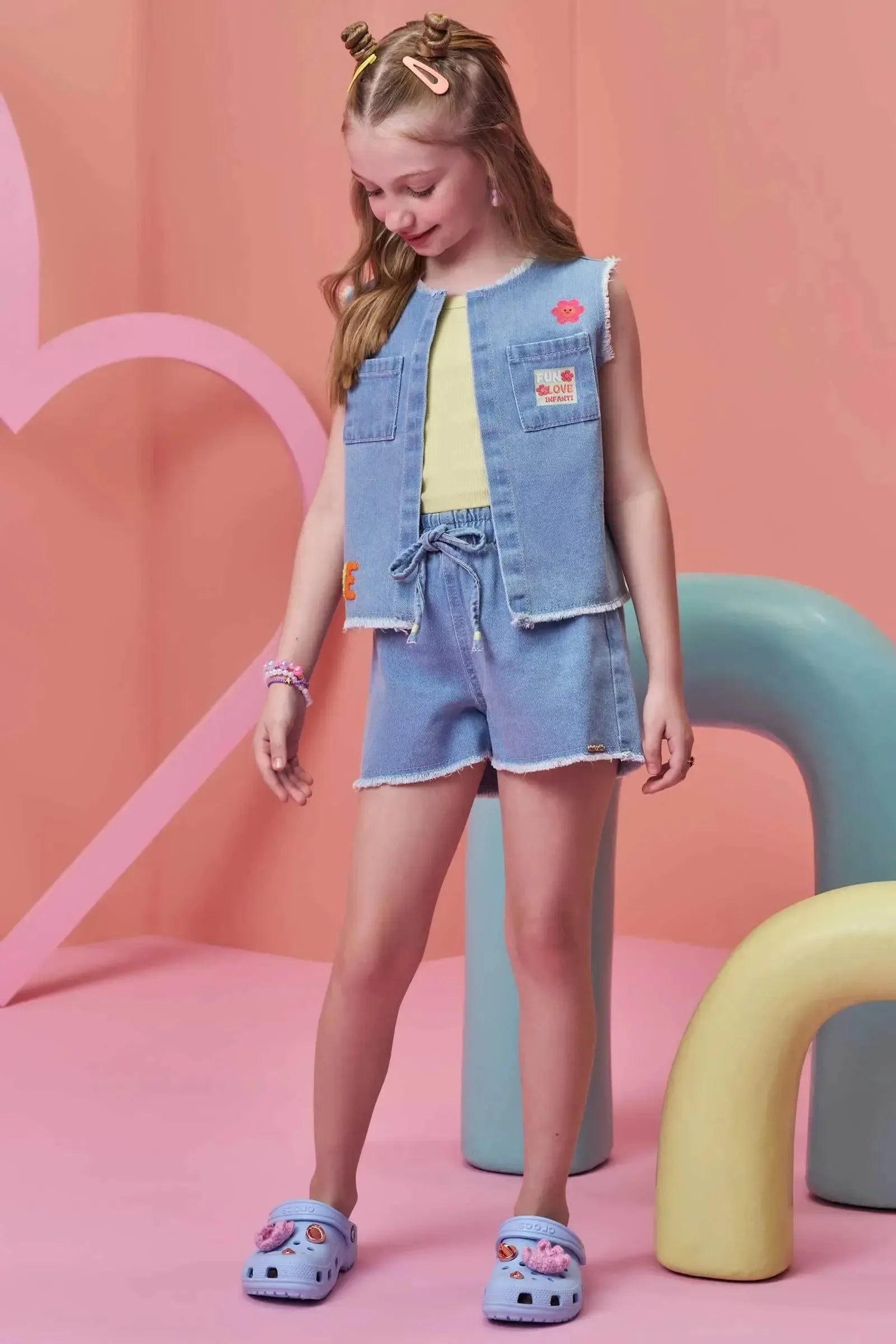 Trio de Regata em Canelado Colete e Shorts em Jeans 99311 Infanti Infantil Menina