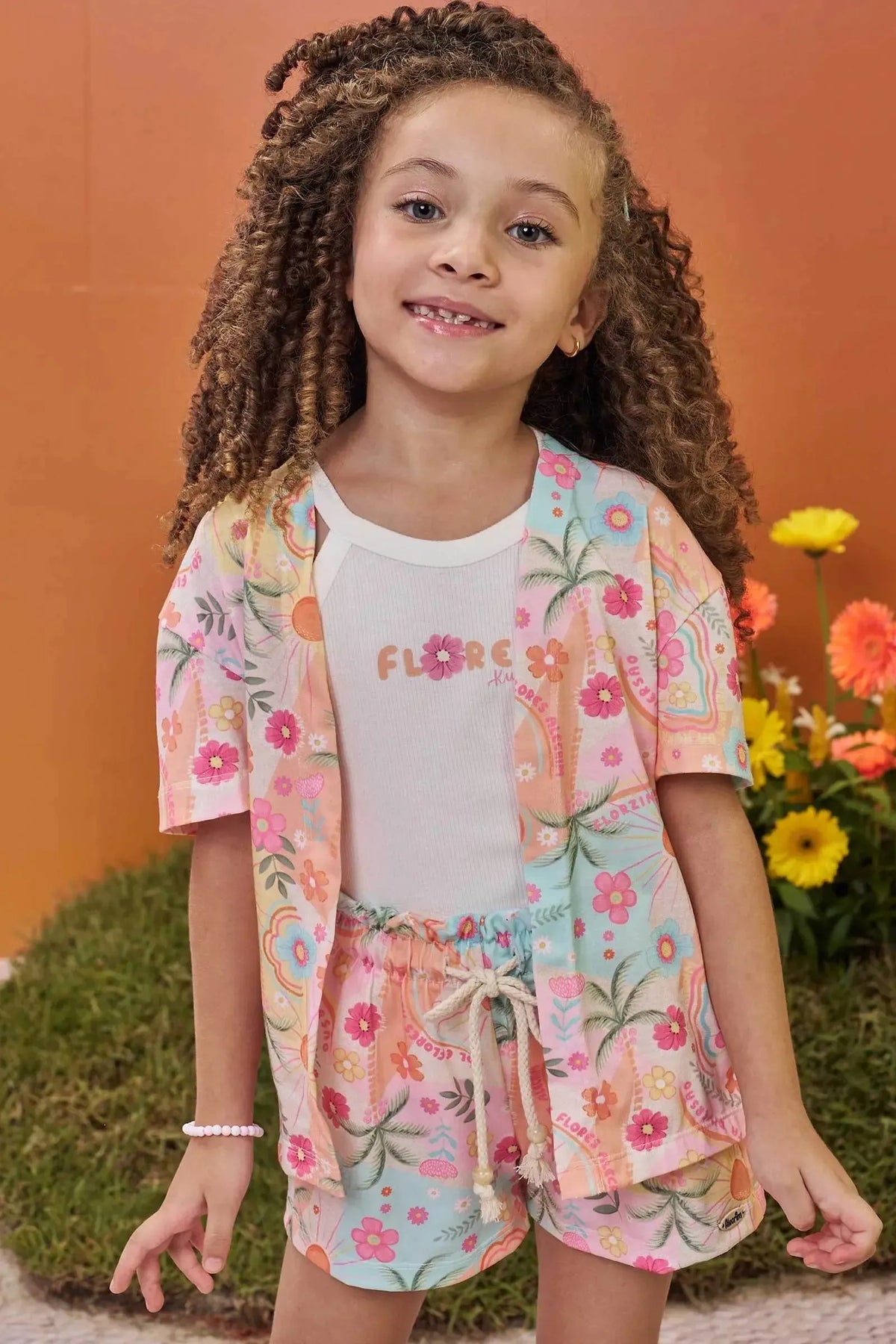 Trio de Regata em Canelado e Shorts e Kimono em Malha Fresh 99714 Kukiê Infantil Menina
