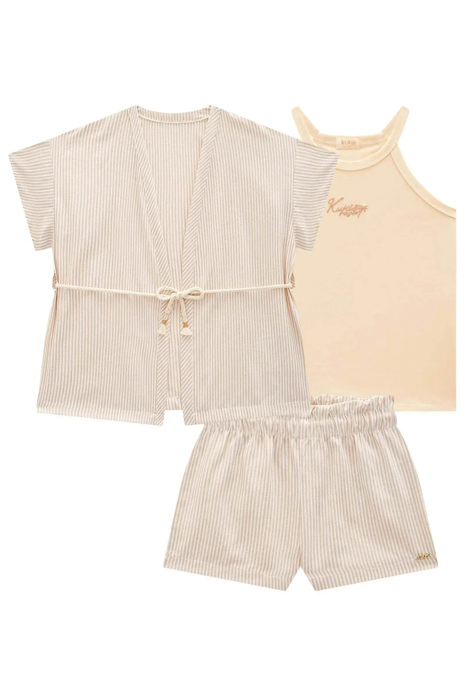Trio de Regata em Cotton e Kimono e Shorts em Tricoline Listrado 98070 Kukiê Infantil Menina