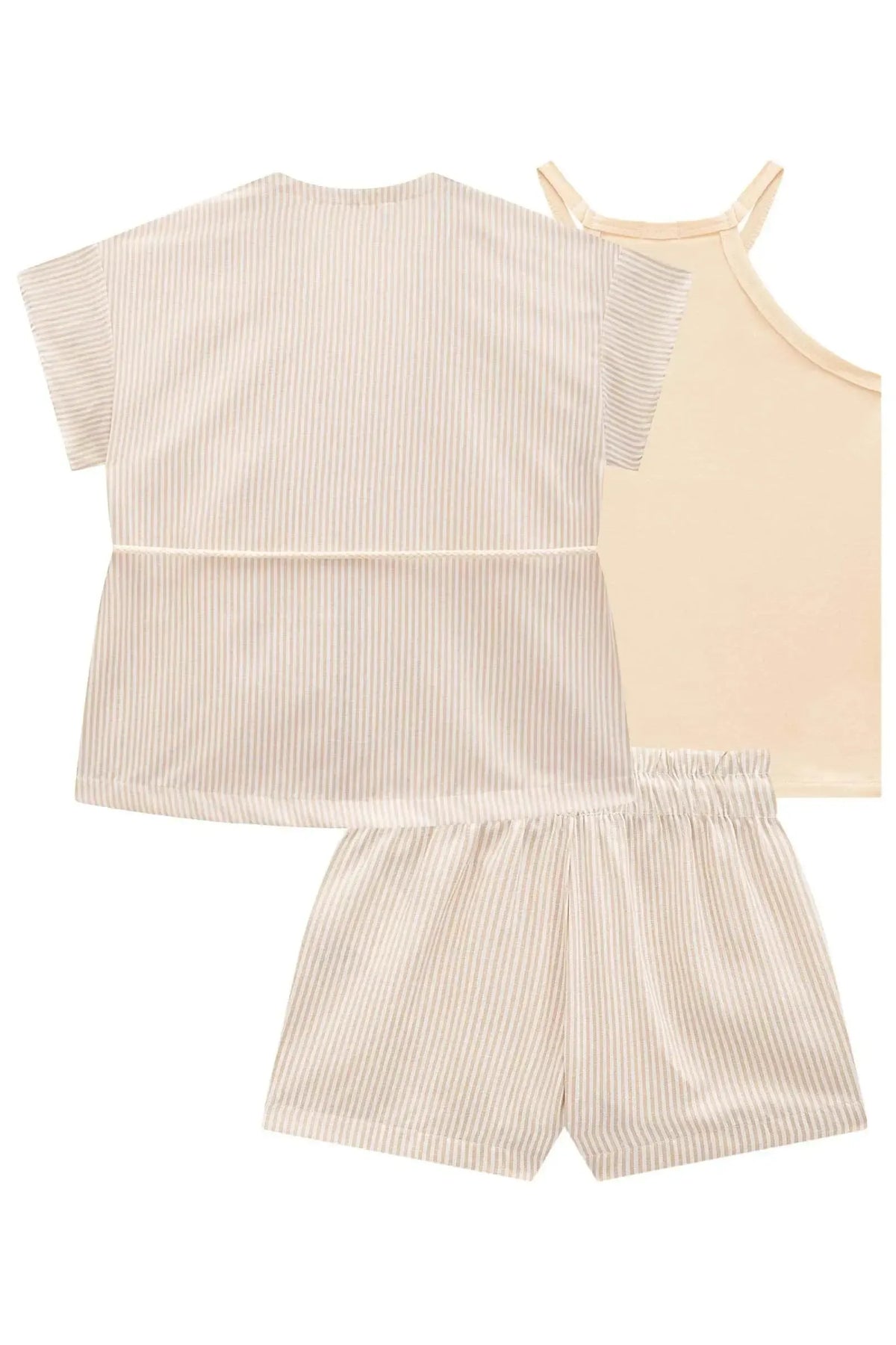 Trio de Regata em Cotton e Kimono e Shorts em Tricoline Listrado 98070 Kukiê Infantil Menina