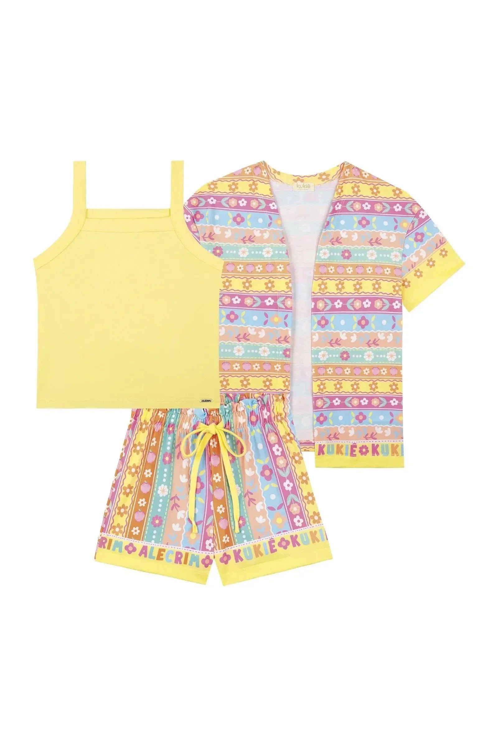 Trio de Regata em Cotton e Shorts e Kimono em Malha Fresh 86504 Kukiê Infantil Menina