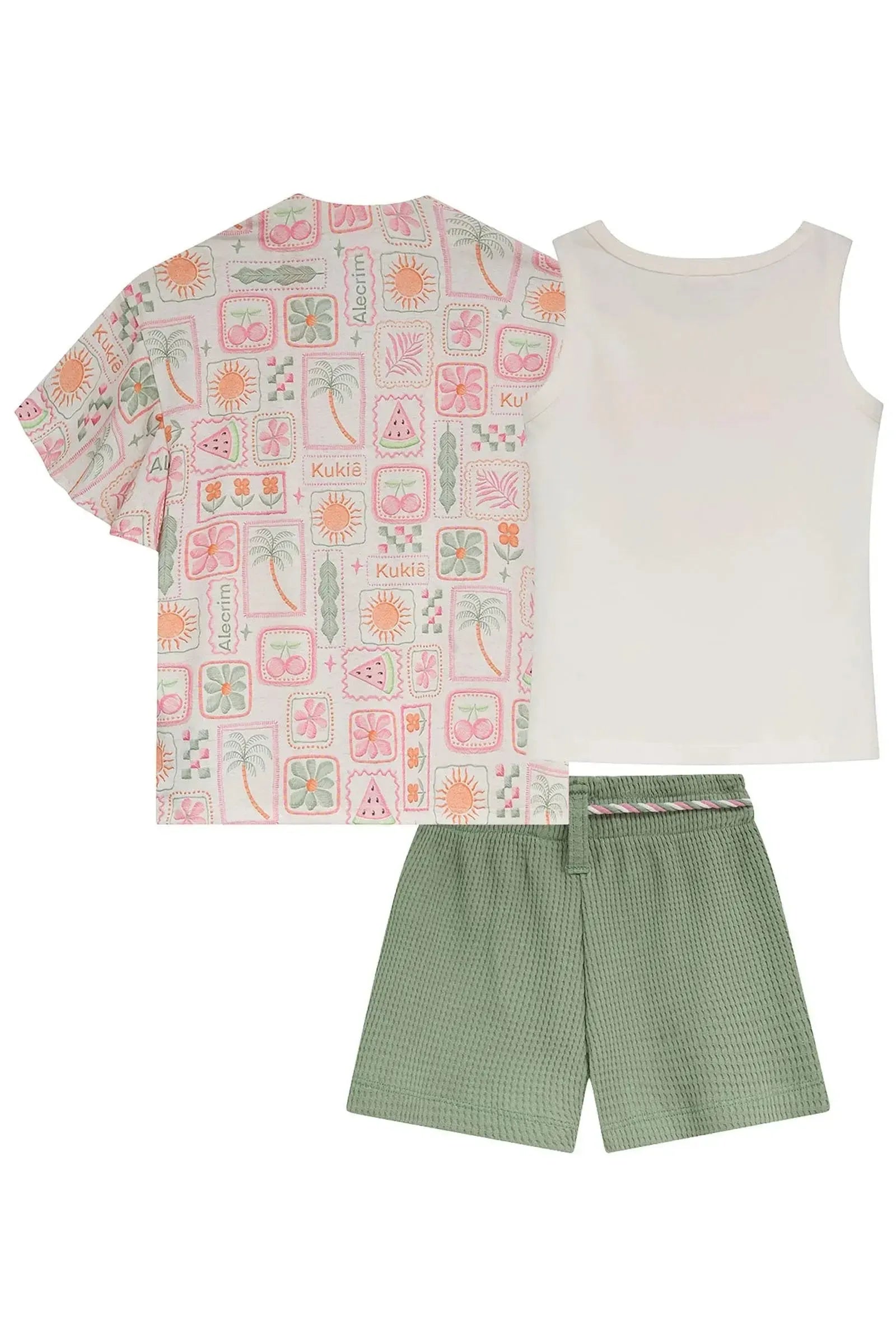 Trio de Regata em Cottonshorts em Malha Big Waffle e Kimono em Malha Fresh 95227 Kukiê Infantil Menina