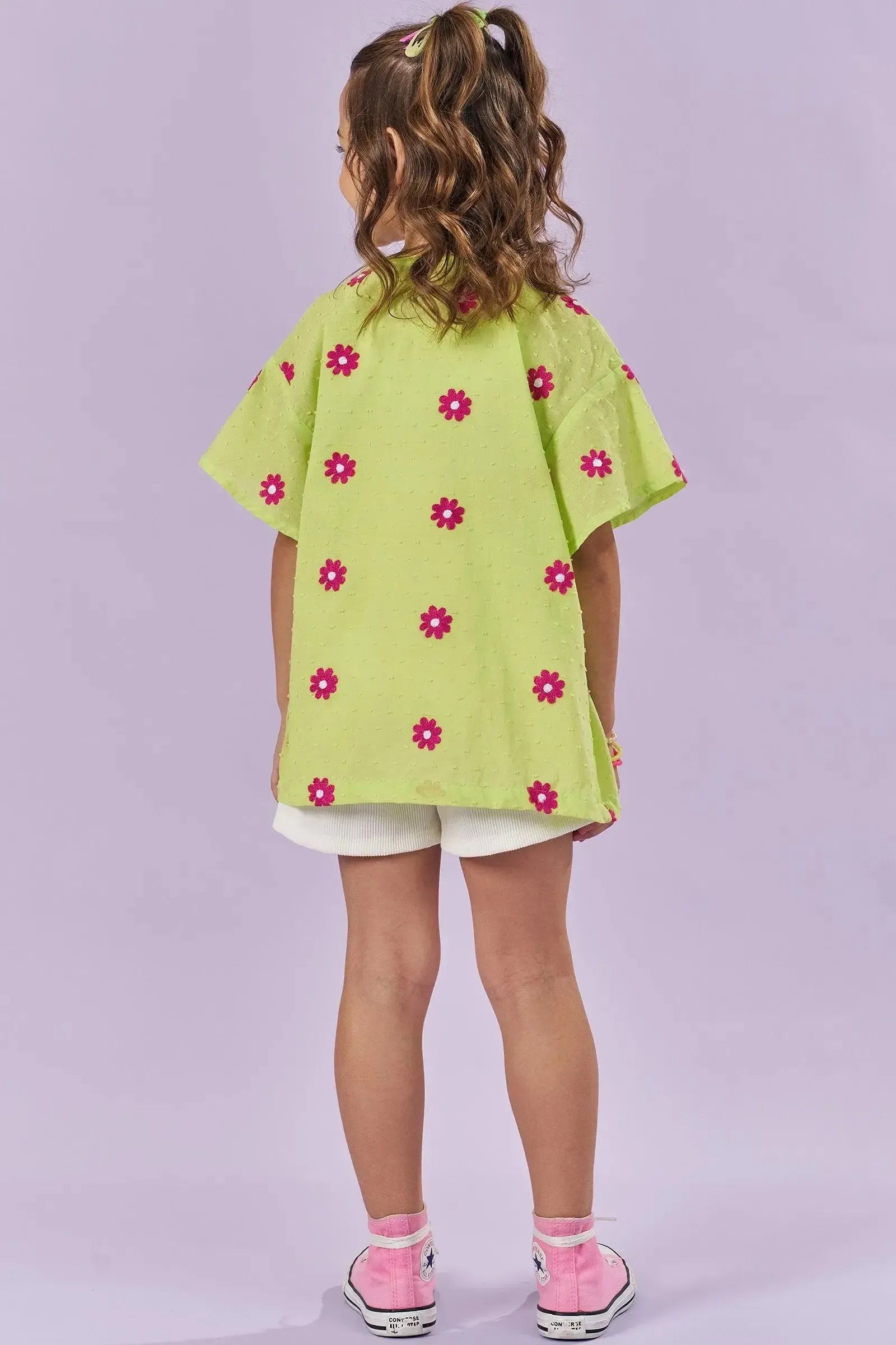 Trio de Top Cropped e Shorts em Soft Line e Kimono em Tricoline Bordado Flores 85235 Kukiê Infantil Menina