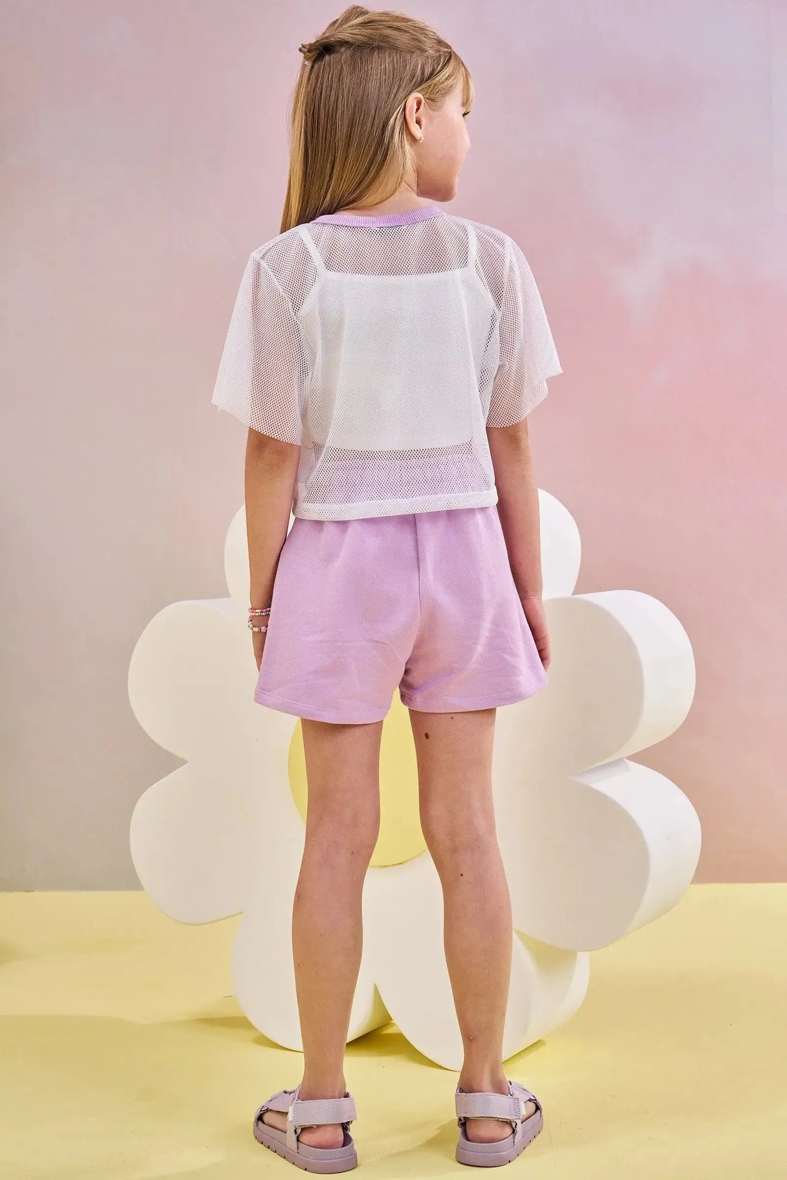 Trio de Top em Canelado Blusa Boxy em Tela e Shorts em Moletom 83121 Infanti Infantil Menina