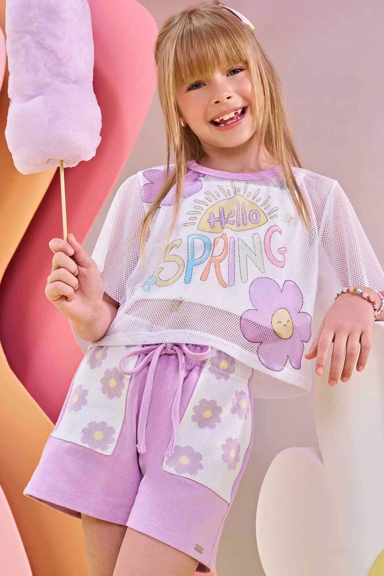 Trio de Top em Canelado Blusa Boxy em Tela e Shorts em Moletom 83121 Infanti Infantil Menina