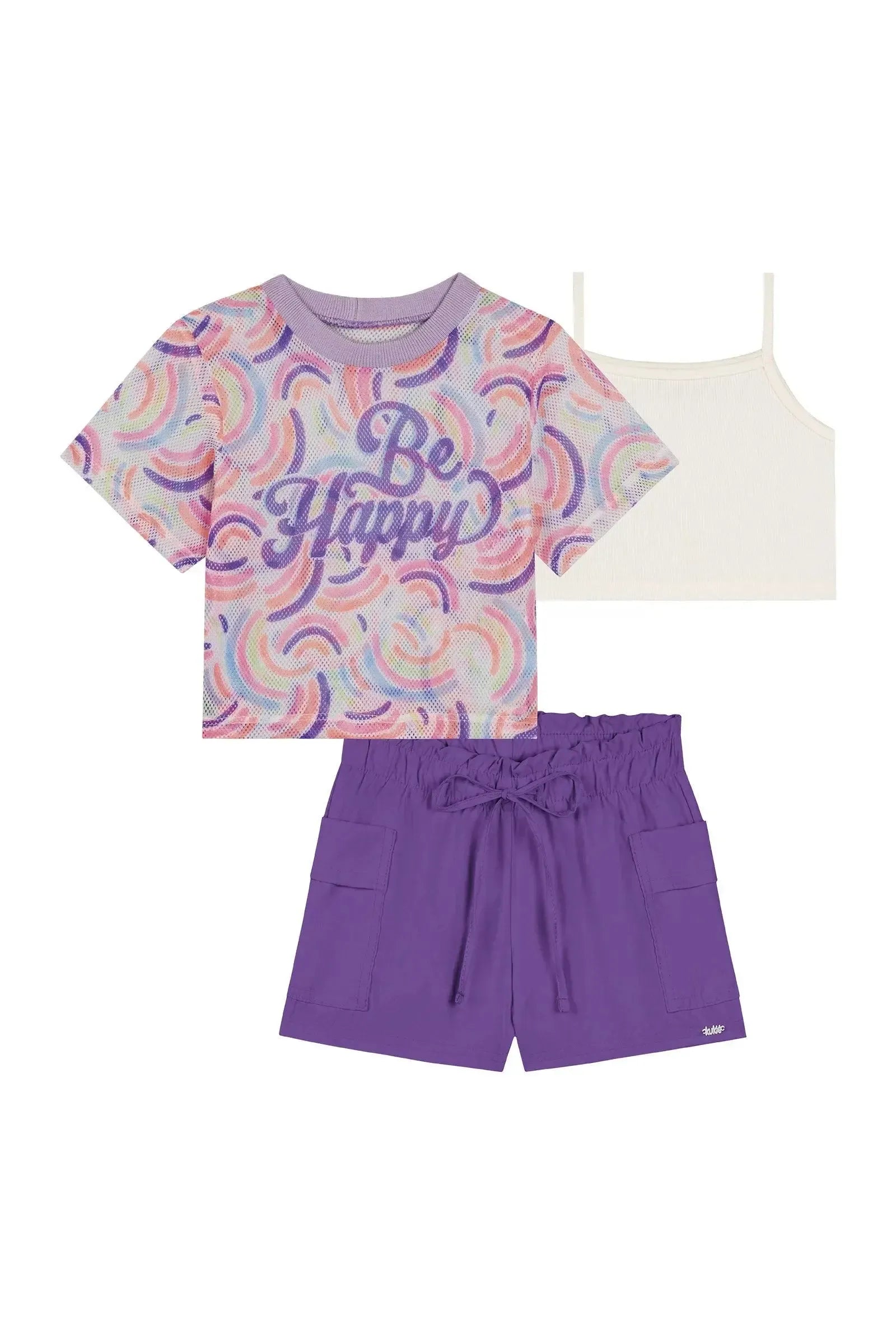 Trio de Top em Canelado Blusa Boxy em Tela Fashion e Shorts em Cupro 89343 Kukiê Infantil Menina