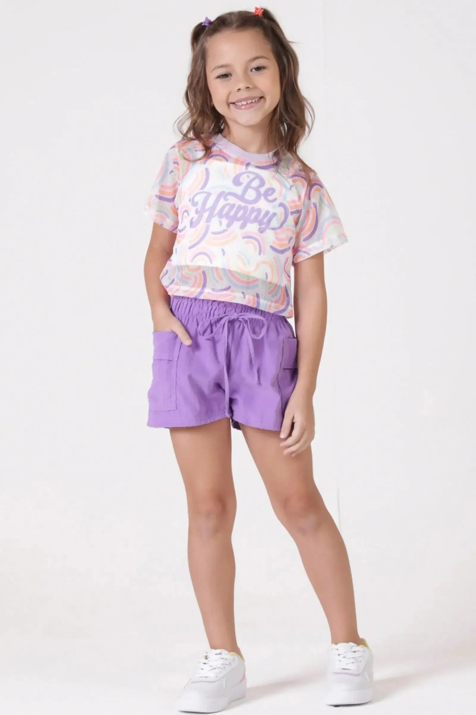 Trio de Top em Canelado Blusa Boxy em Tela Fashion e Shorts em Cupro 89343 Kukiê Infantil Menina