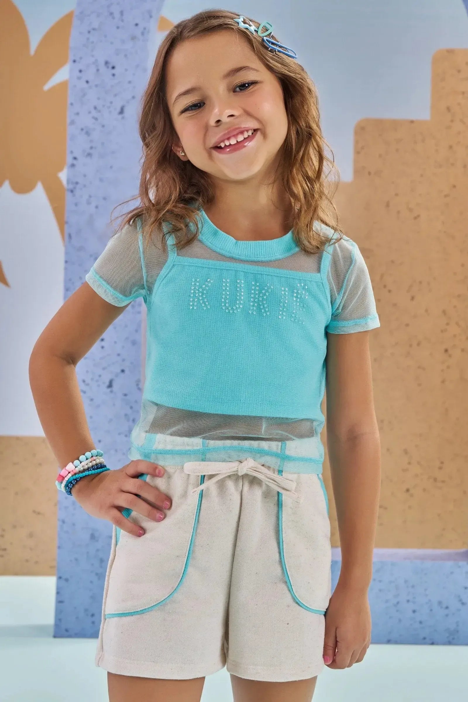 Trio de Top em Canelado Blusa Boxy em Tule com Elastano e Shorts em Linho Delux 89022 Kukiê Infantil Menina