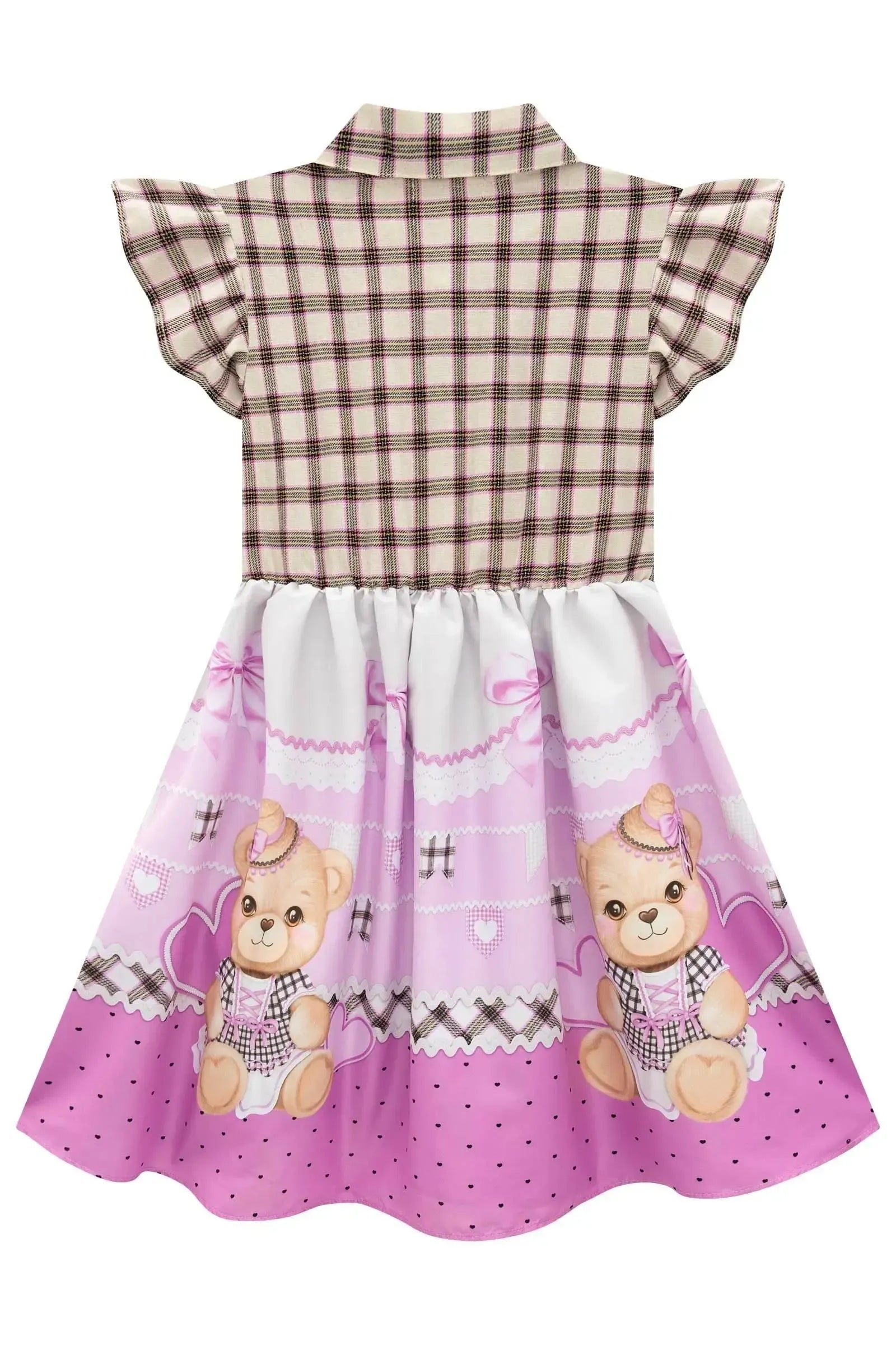 Vestido com Camisa Xadrez e Saia em Nylon com Estampa de Urso Junino. Um Look Caipira Boneca com Charme e Estilo Para O São João. 97510 Infanti Infantil Menina