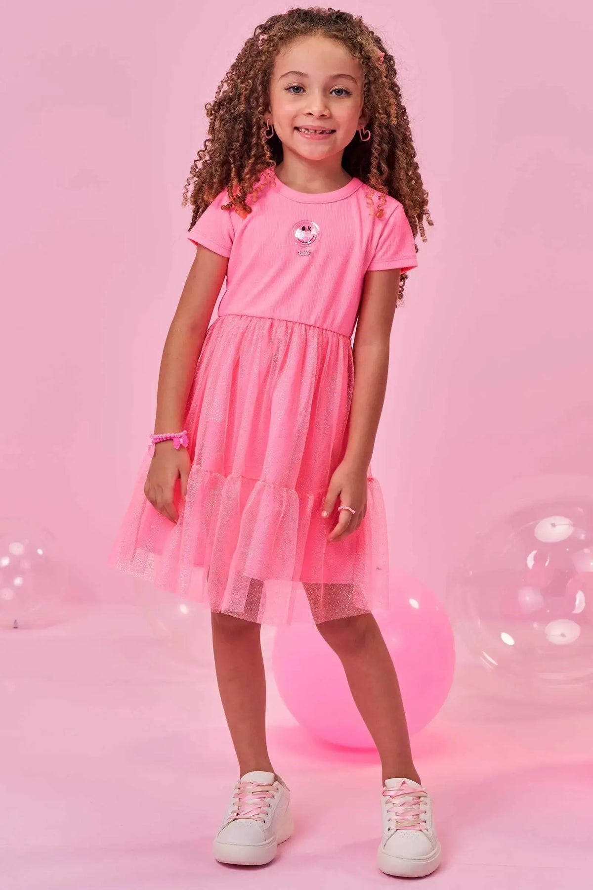 Vestido em Canelado e Tule Brilho 98049 Kukiê Infantil Menina