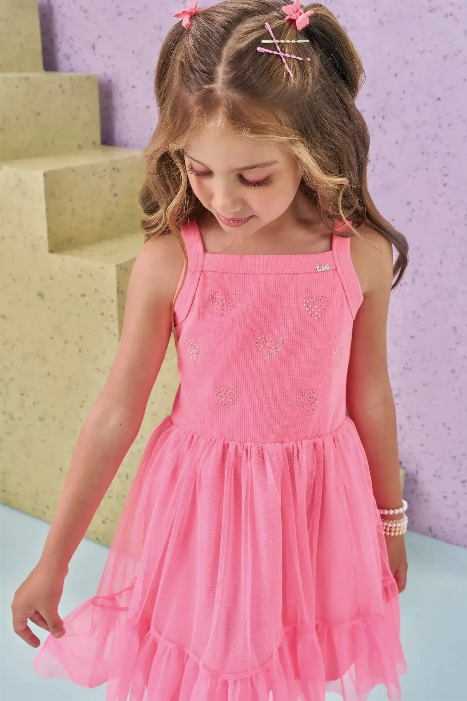 Vestido em Canelado e Tule com Elastano 87318 Kukiê Infantil Menina