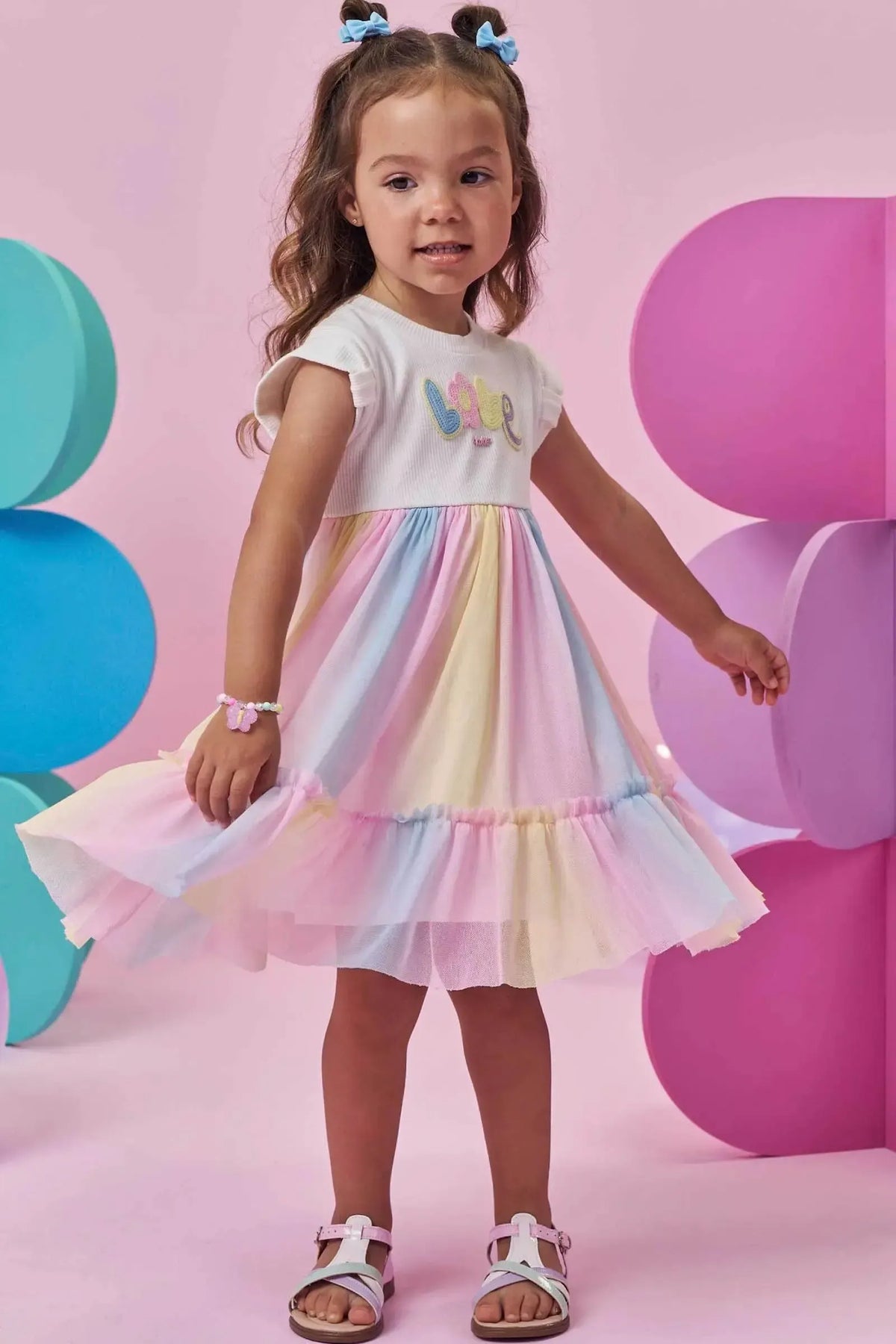 Vestido em Canelado e Tule com Elastano 94949 Kukiê Infantil Menina