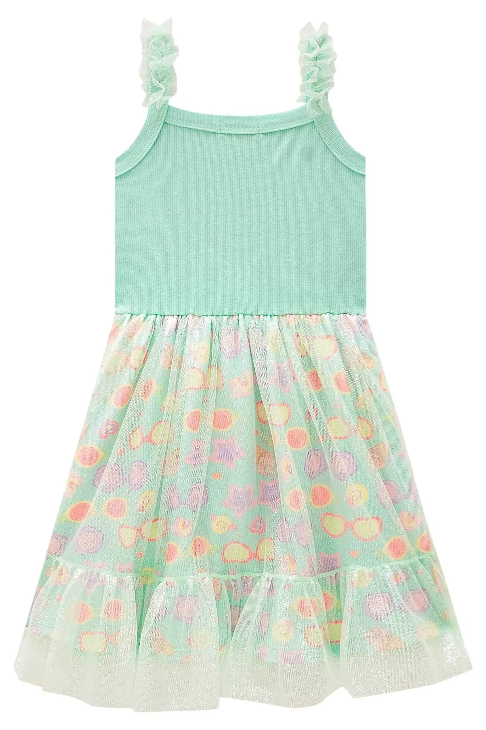 Vestido em Canelado e Tule Glitter 99039 Kukiê Infantil Menina