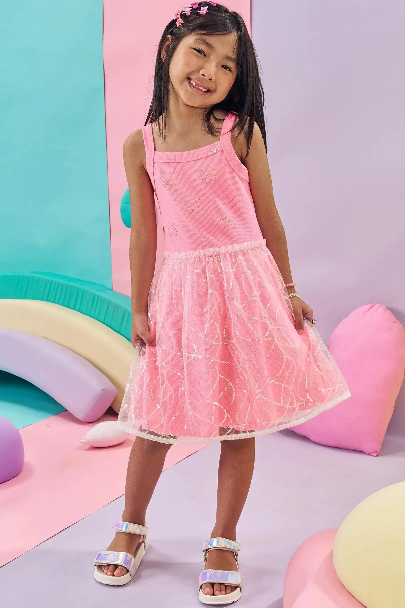 Vestido em Canelado e Tule Paetê 85999 Kukiê Infantil Menina