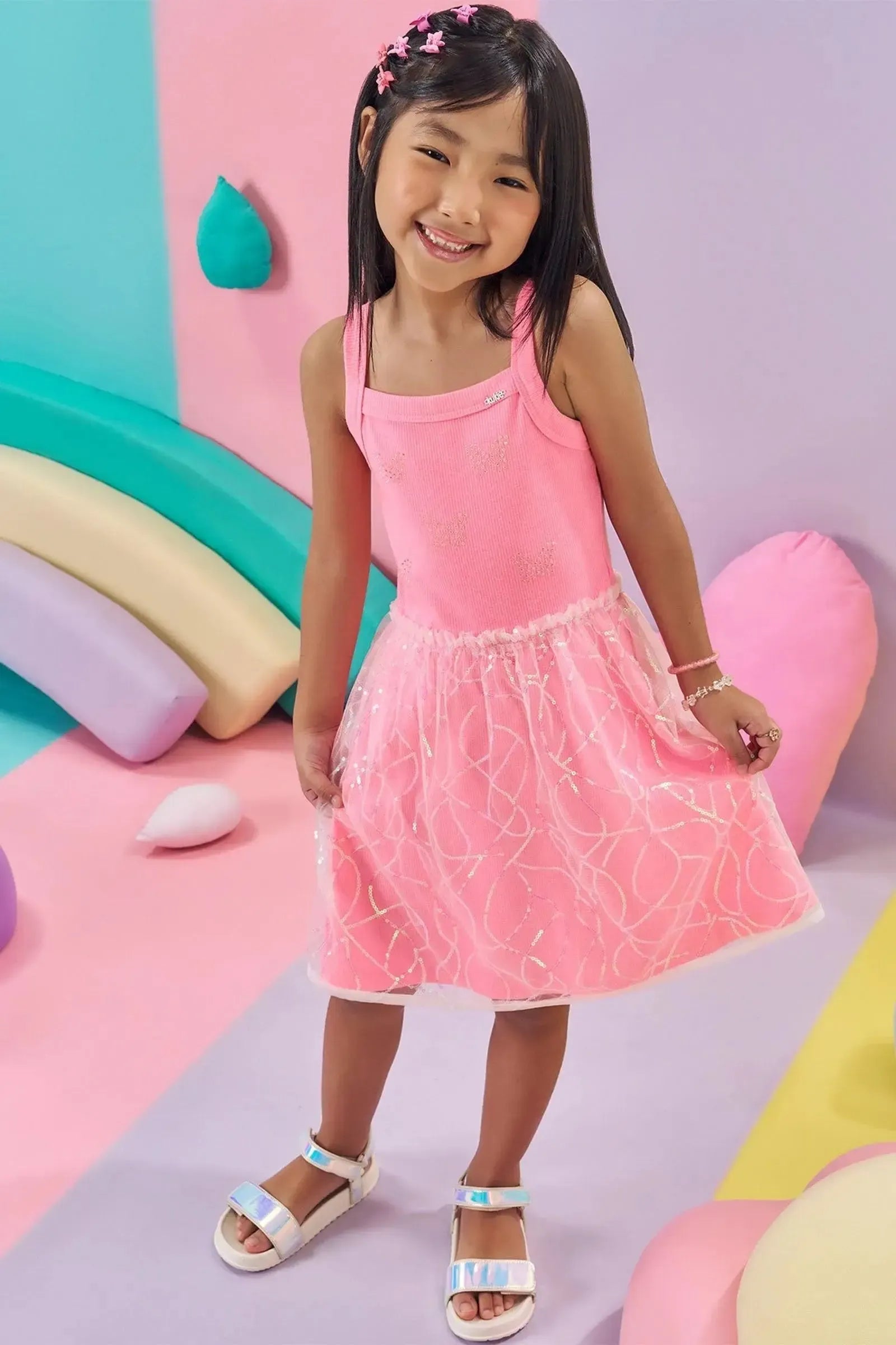 Vestido em Canelado e Tule Paetê 85999 Kukiê Infantil Menina