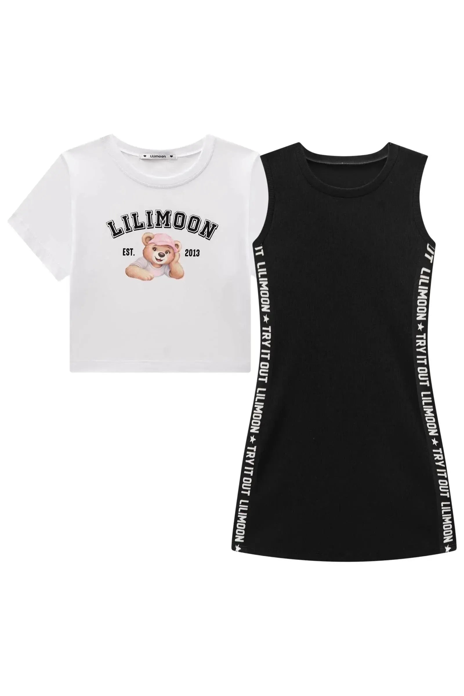 Vestido em Canelado Liz e Blusa de Sobreposição em Meia Malha 98203 Lilimoon Teen Menina